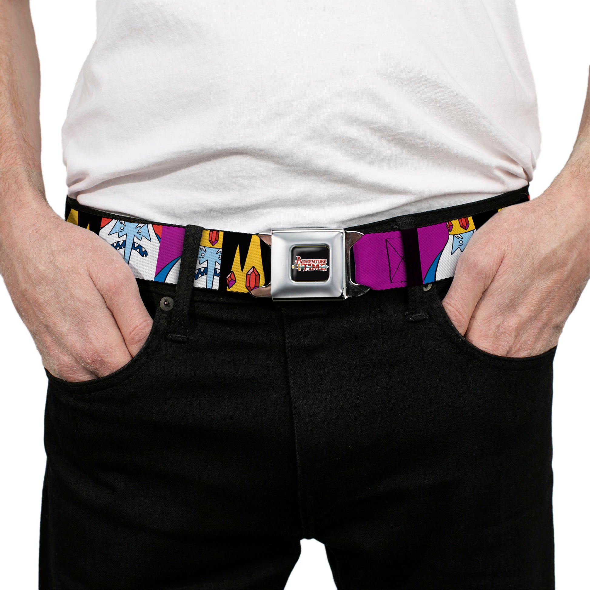 ADVENTURE TIME Sword Title Logo Full Color Black Seatbelt Belt - Adventure Time Ice King Pose and Crown Blocks Burgundy Webbing Seatbelt Belts Cartoon Network