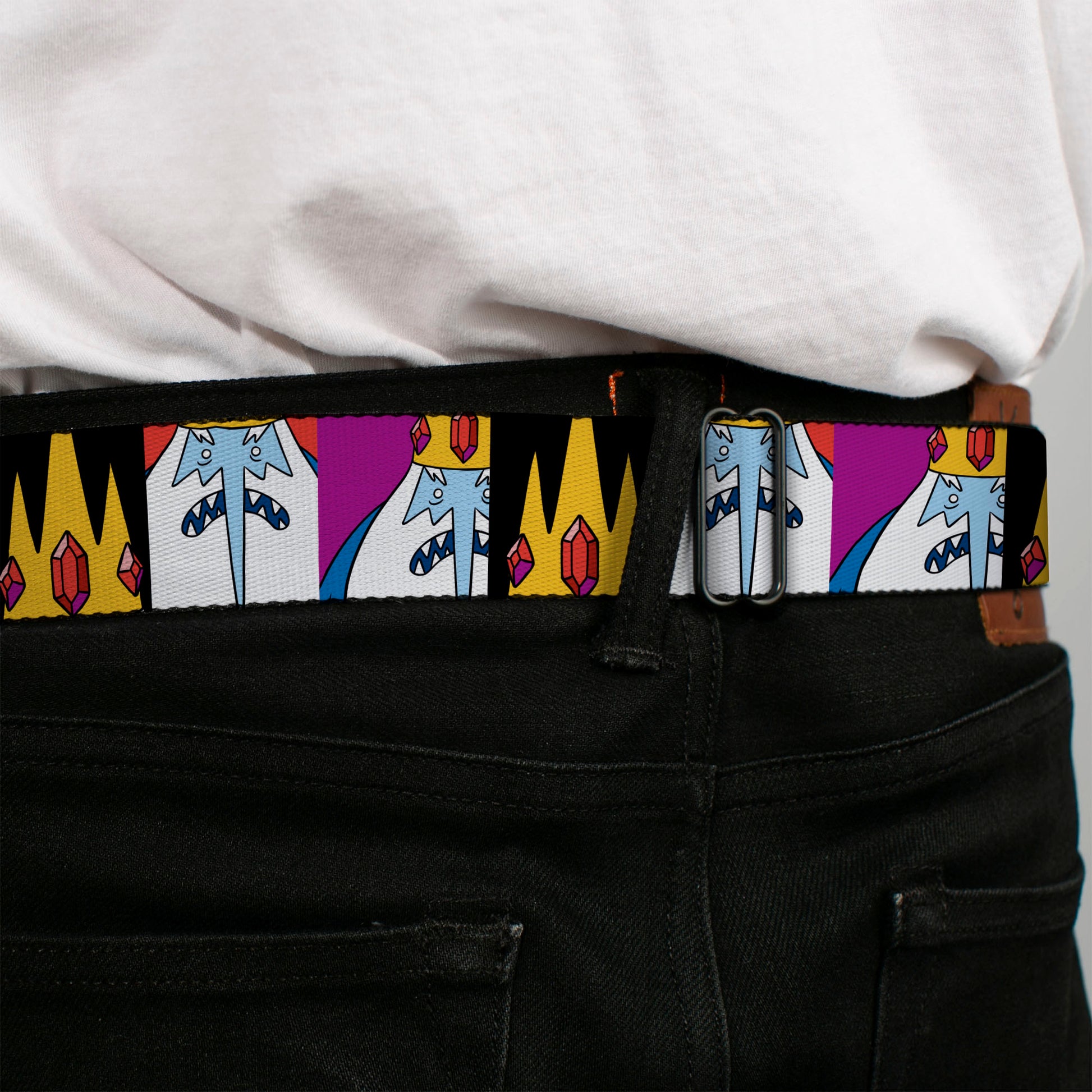 ADVENTURE TIME Sword Title Logo Full Color Black Seatbelt Belt - Adventure Time Ice King Pose and Crown Blocks Burgundy Webbing Seatbelt Belts Cartoon Network