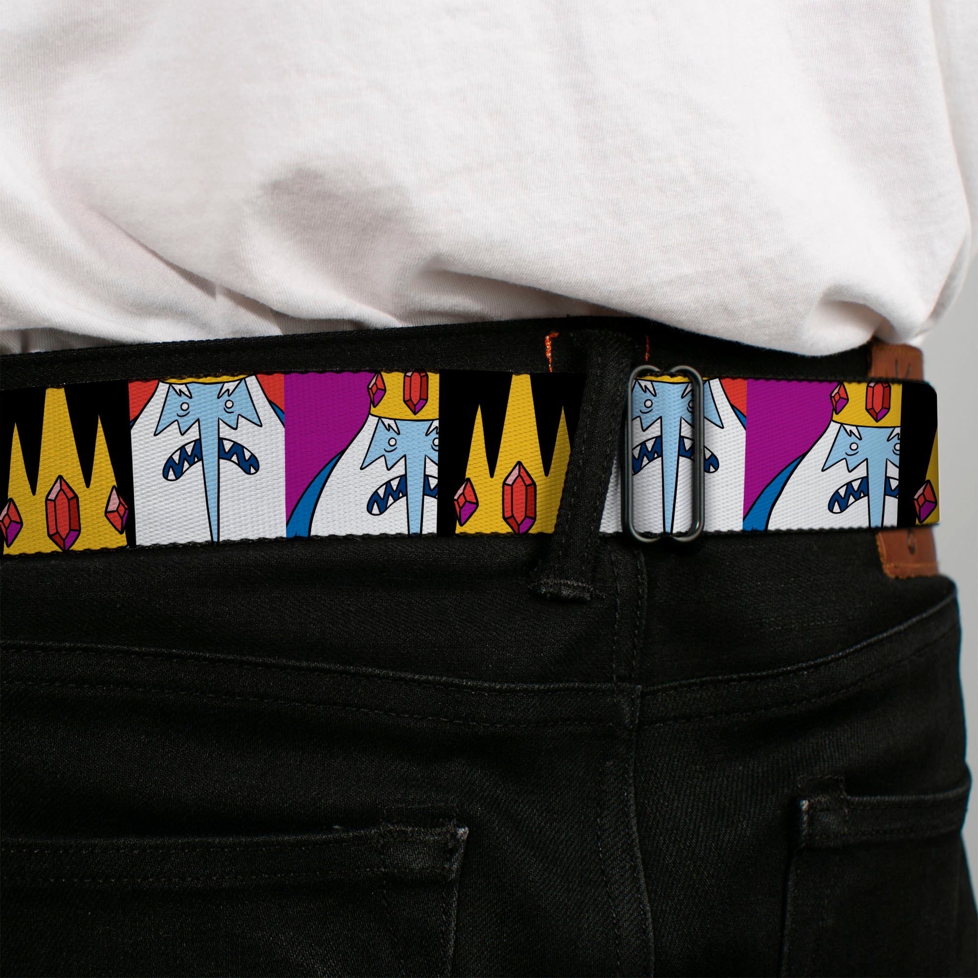 ADVENTURE TIME Sword Title Logo Full Color Black Seatbelt Belt - Adventure Time Ice King Pose and Crown Blocks Burgundy Webbing Seatbelt Belts Cartoon Network