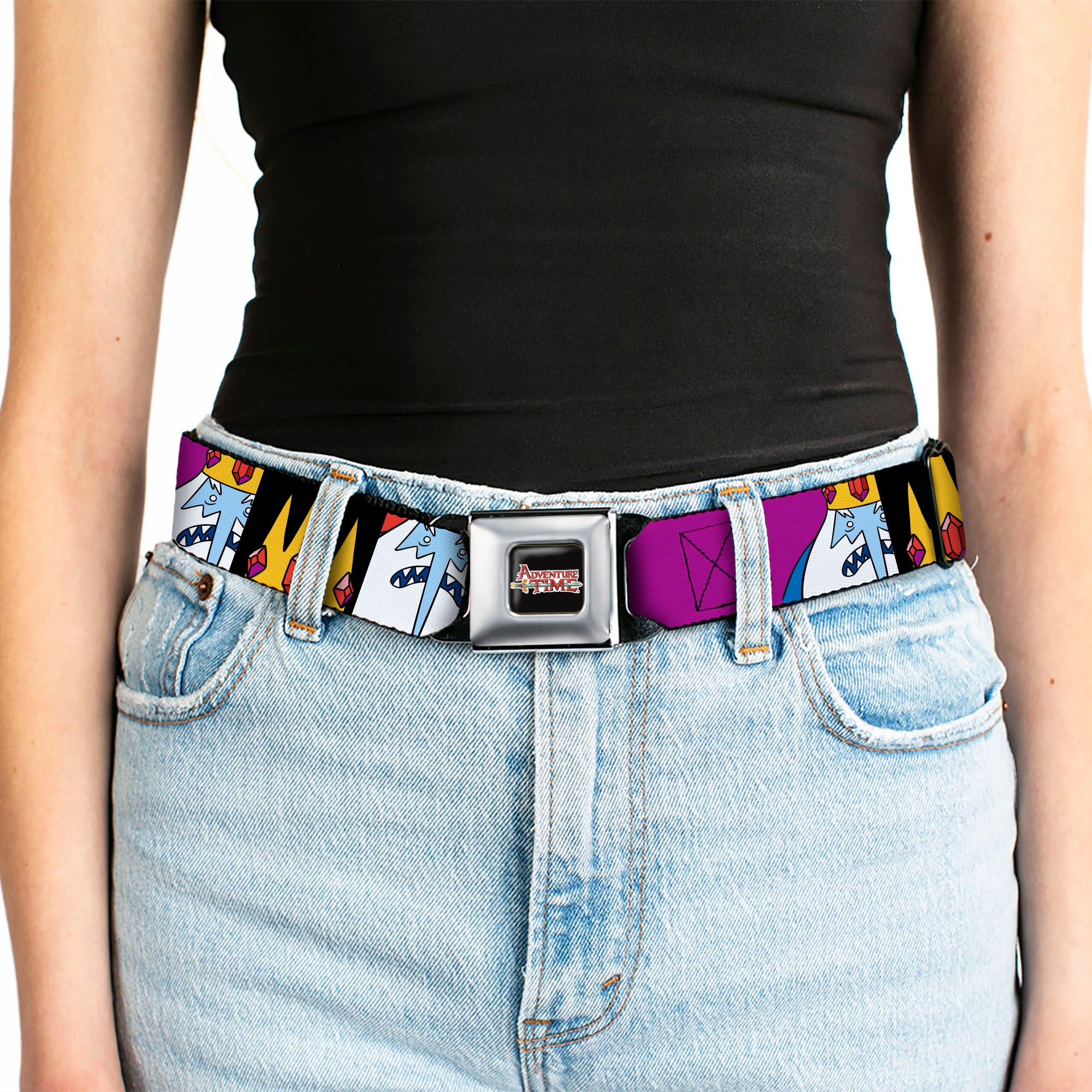 ADVENTURE TIME Sword Title Logo Full Color Black Seatbelt Belt - Adventure Time Ice King Pose and Crown Blocks Burgundy Webbing Seatbelt Belts Cartoon Network