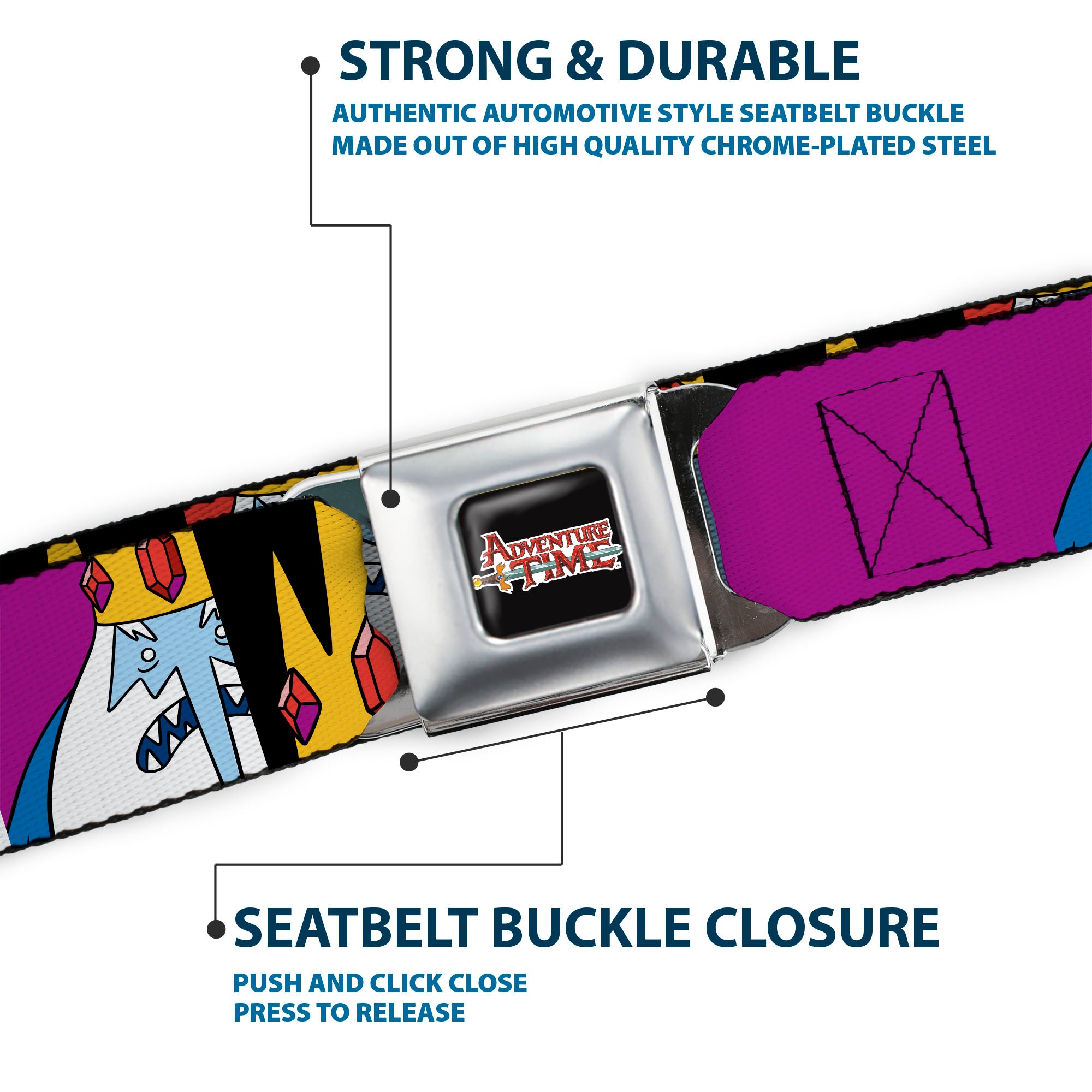 ADVENTURE TIME Sword Title Logo Full Color Black Seatbelt Belt - Adventure Time Ice King Pose and Crown Blocks Burgundy Webbing Seatbelt Belts Cartoon Network