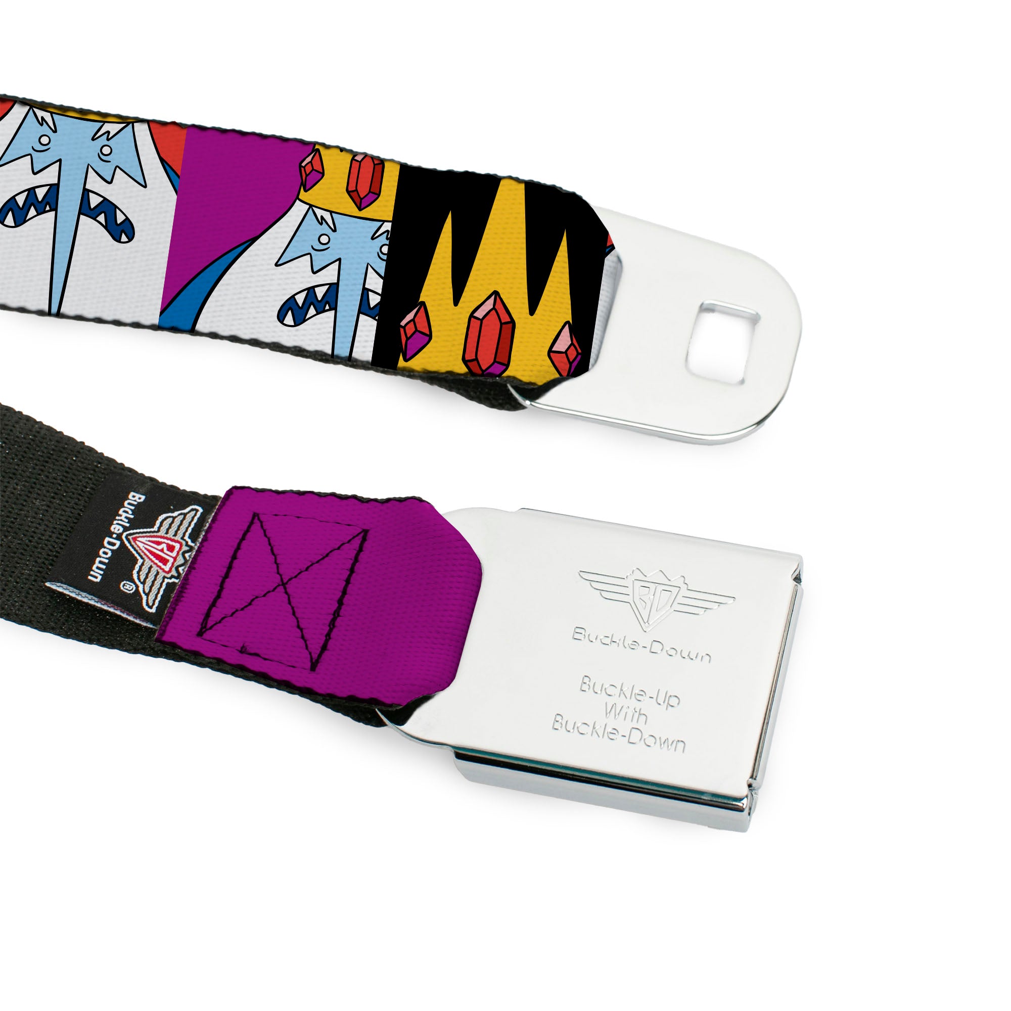 ADVENTURE TIME Sword Title Logo Full Color Black Seatbelt Belt - Adventure Time Ice King Pose and Crown Blocks Burgundy Webbing Seatbelt Belts Cartoon Network