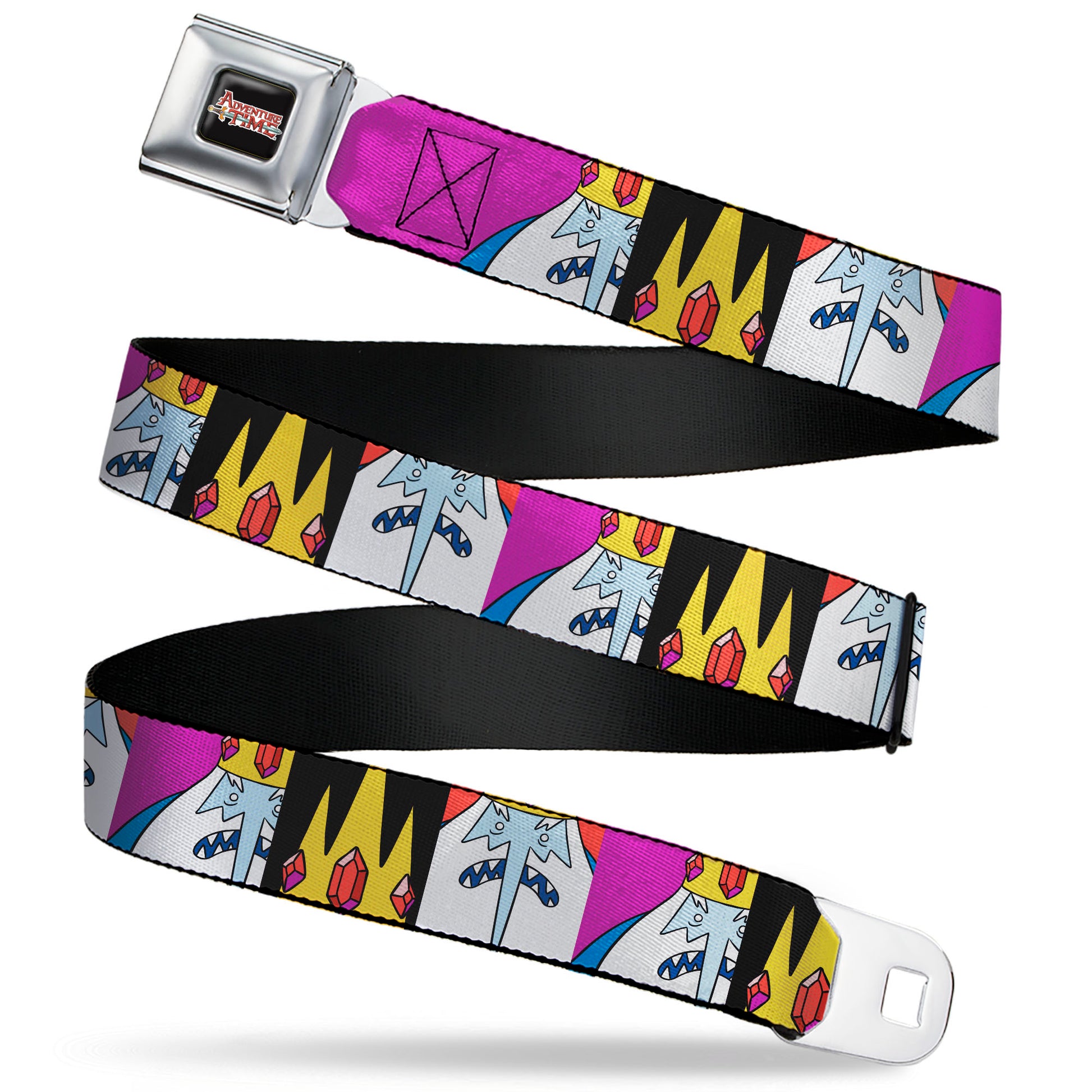 ADVENTURE TIME Sword Title Logo Full Color Black Seatbelt Belt - Adventure Time Ice King Pose and Crown Blocks Burgundy Webbing Seatbelt Belts Cartoon Network