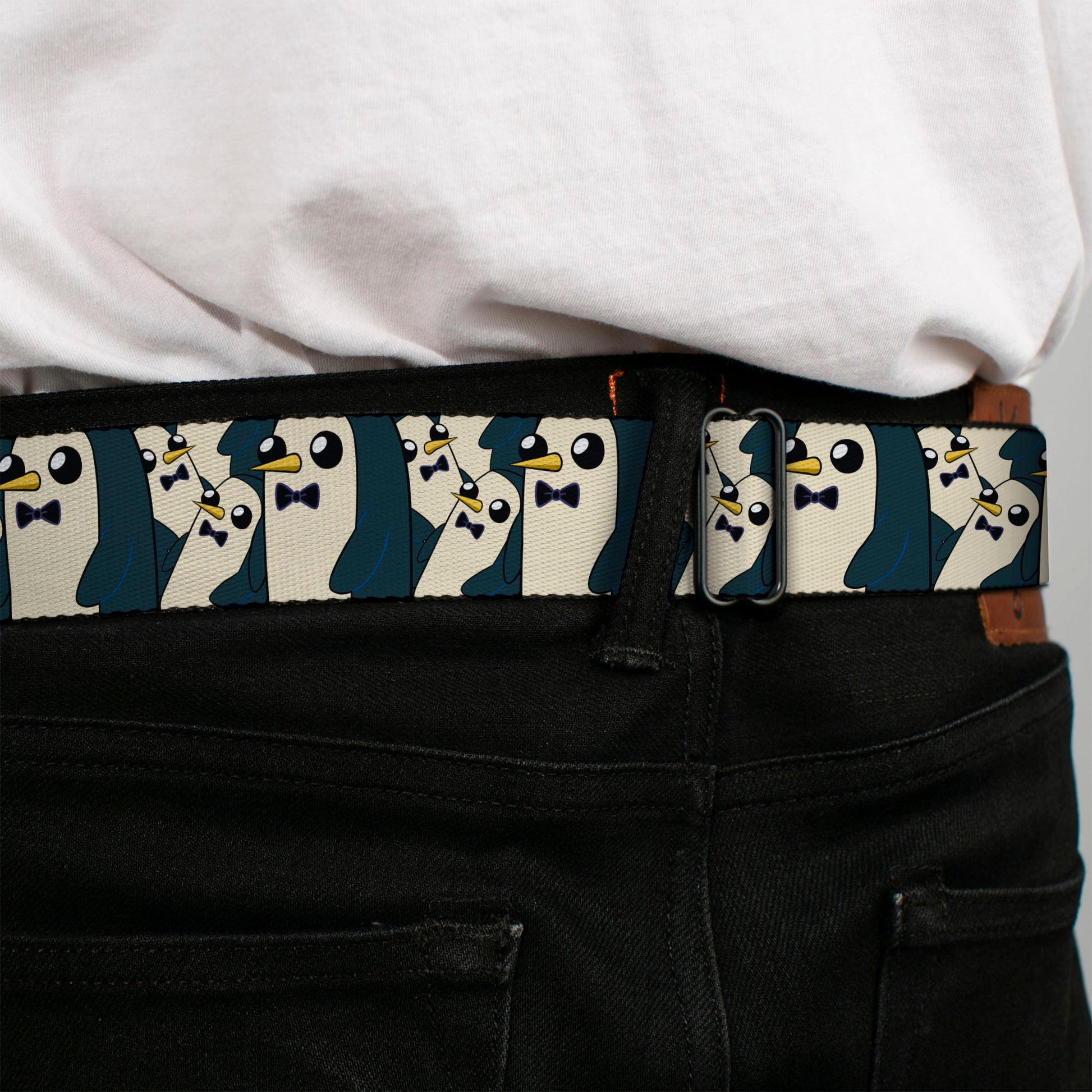 ADVENTURE TIME Sword Title Logo Full Color Black Seatbelt Belt - Gunter Standing Pose Stacked Webbing Seatbelt Belts Adventure Time