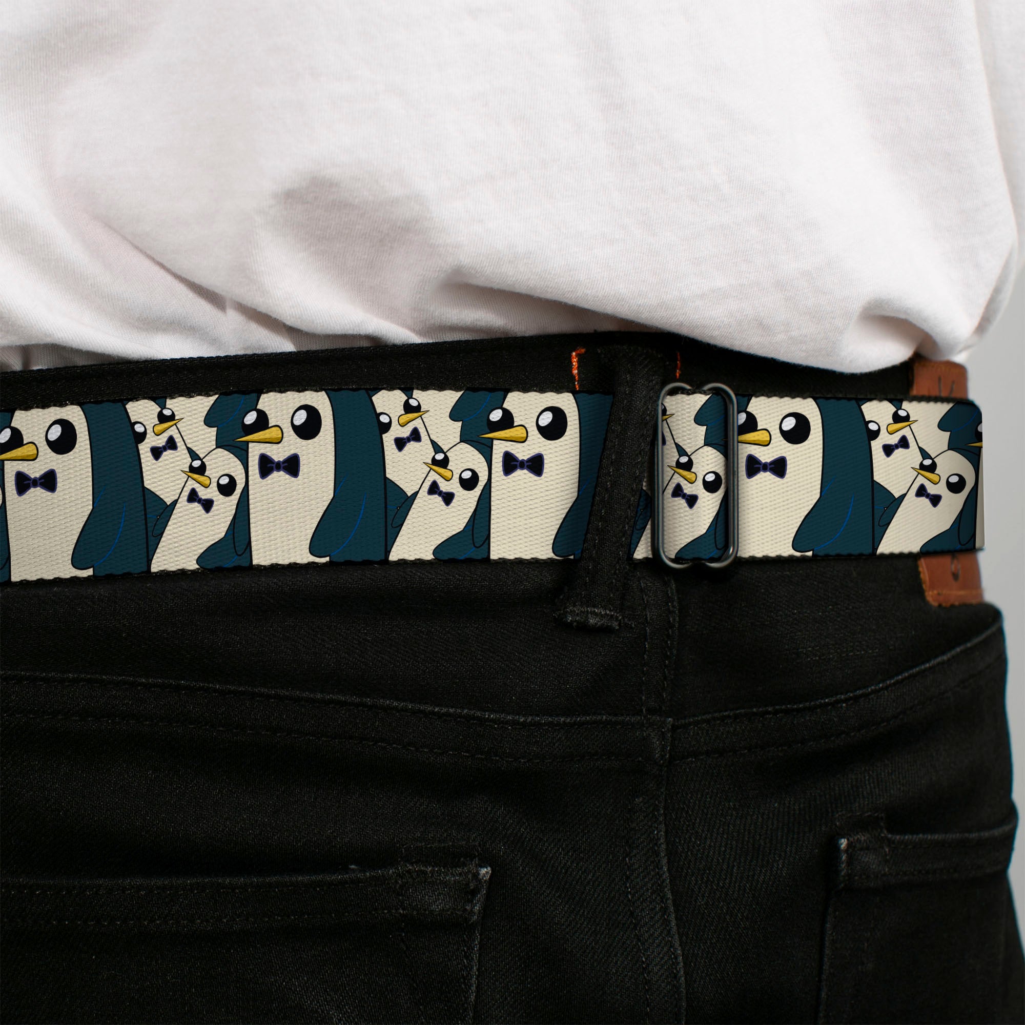 ADVENTURE TIME Sword Title Logo Full Color Black Seatbelt Belt - Gunter Standing Pose Stacked Webbing Seatbelt Belts Adventure Time