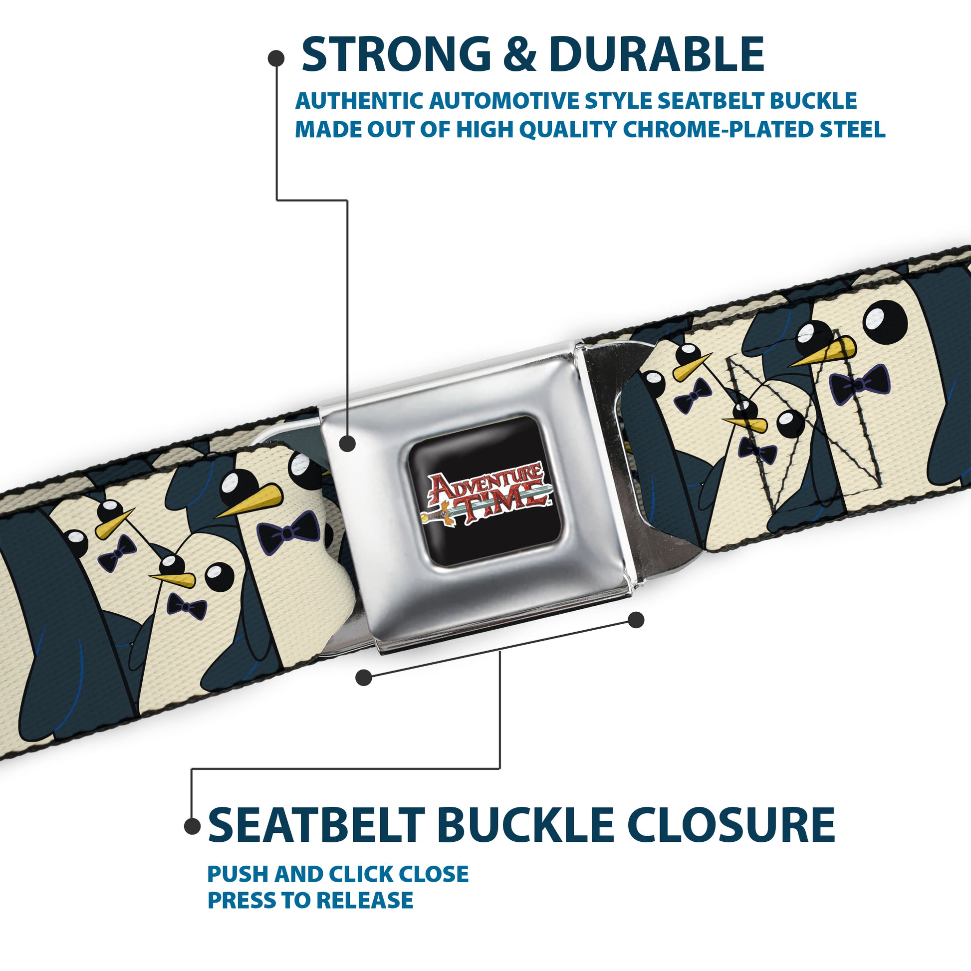 ADVENTURE TIME Sword Title Logo Full Color Black Seatbelt Belt - Gunter Standing Pose Stacked Webbing Seatbelt Belts Adventure Time