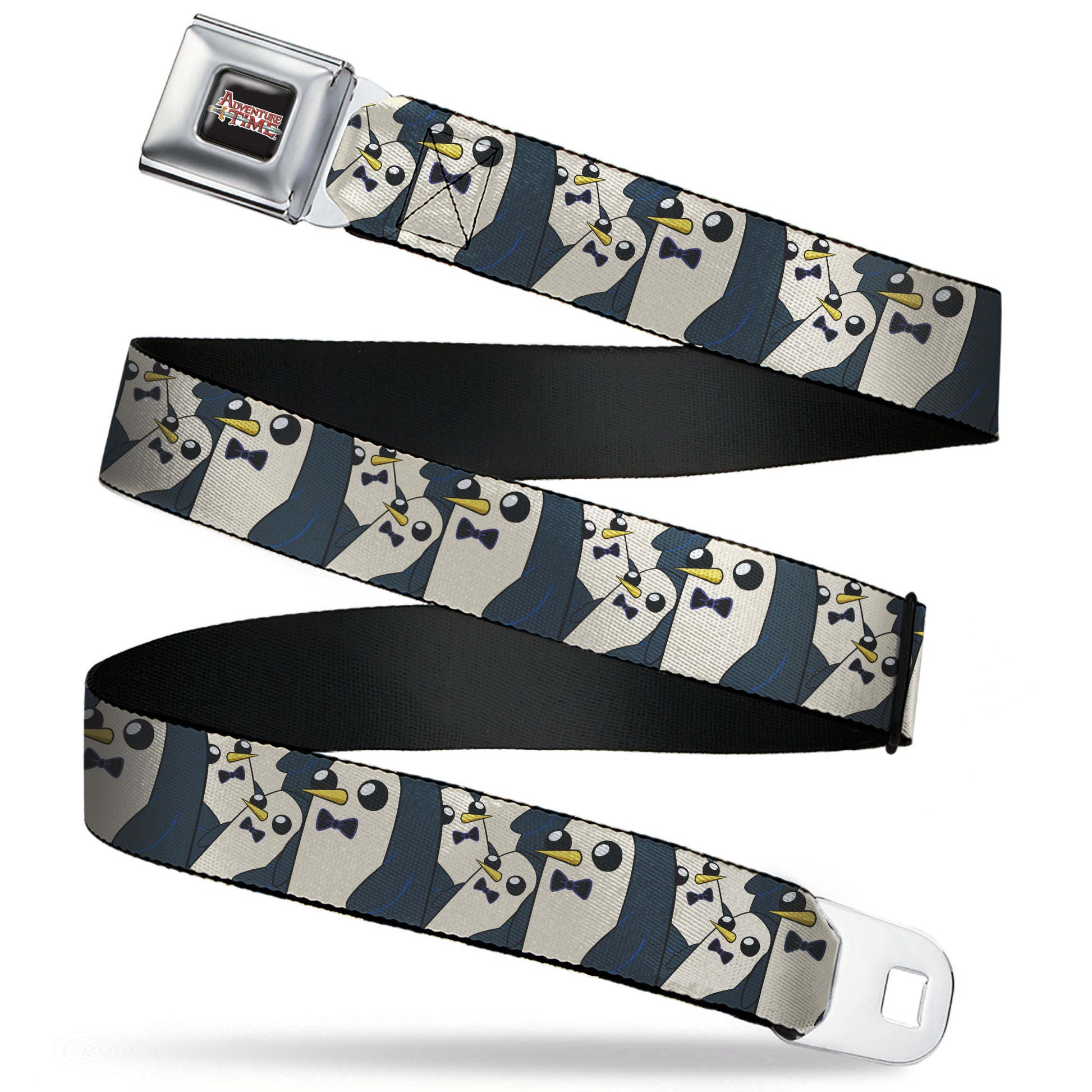 ADVENTURE TIME Sword Title Logo Full Color Black Seatbelt Belt - Gunter Standing Pose Stacked Webbing Seatbelt Belts Adventure Time