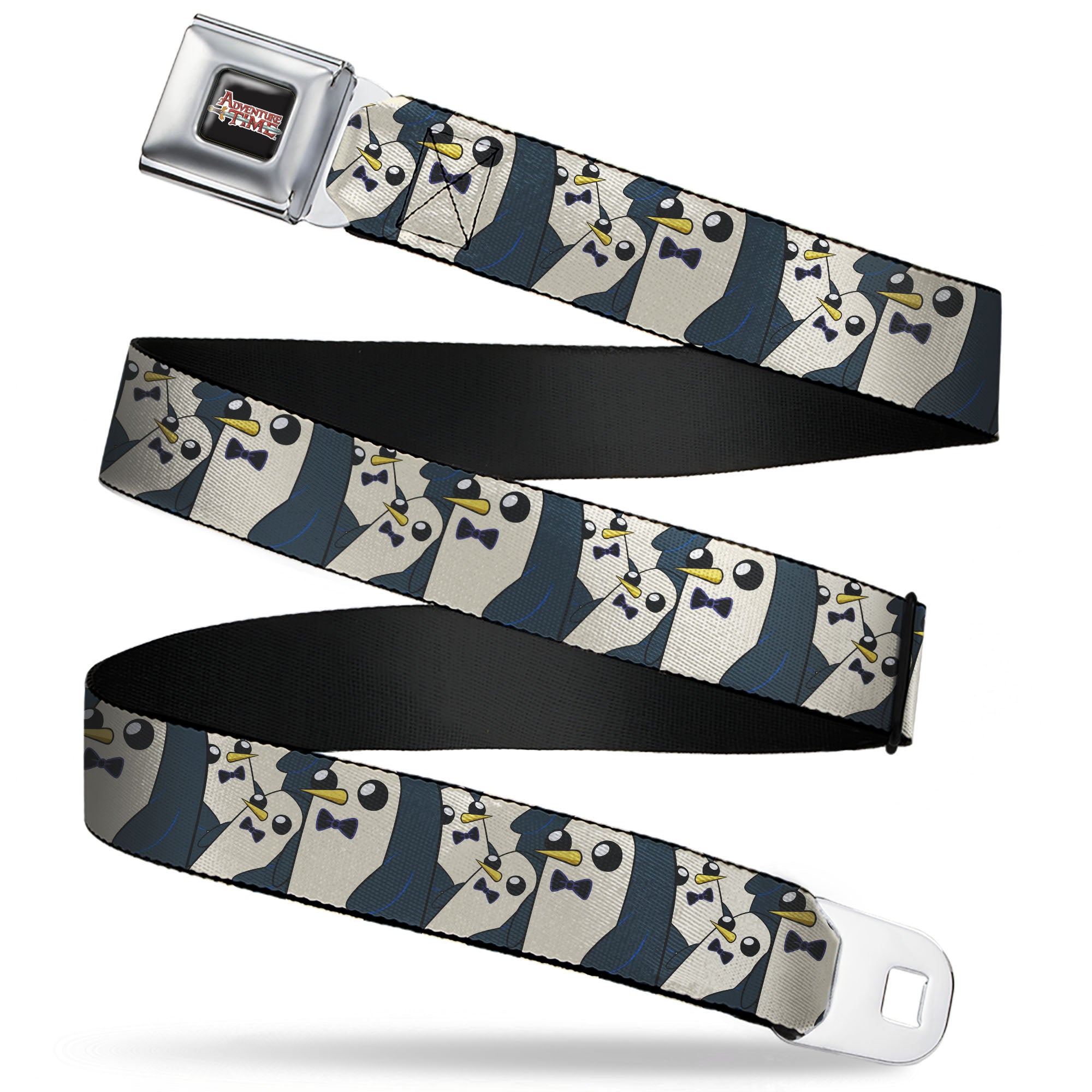 ADVENTURE TIME Sword Title Logo Full Color Black Seatbelt Belt - Gunter Standing Pose Stacked Webbing Seatbelt Belts Adventure Time