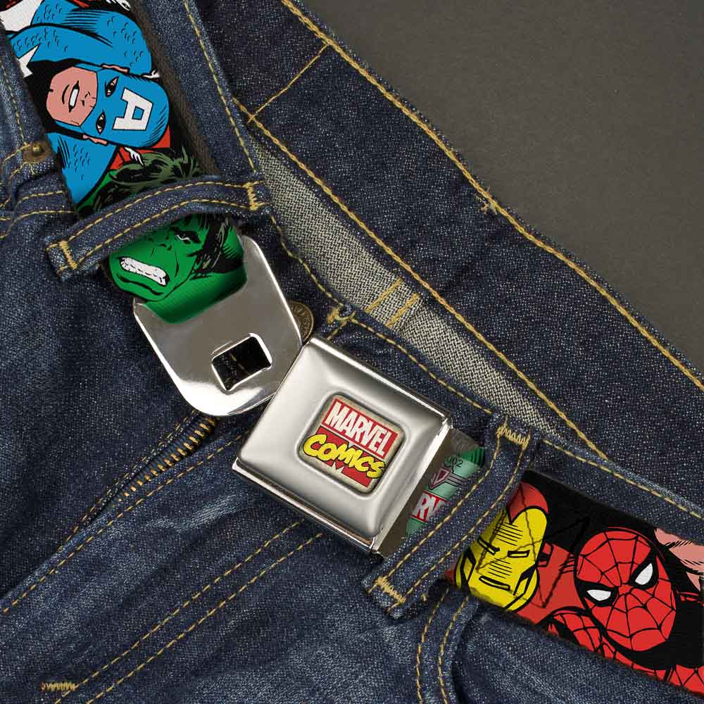 Marvel Comics Logo Full Color Seatbelt Belt - 5-Marvel Characters Black Webbing Seatbelt Belts Marvel Comics