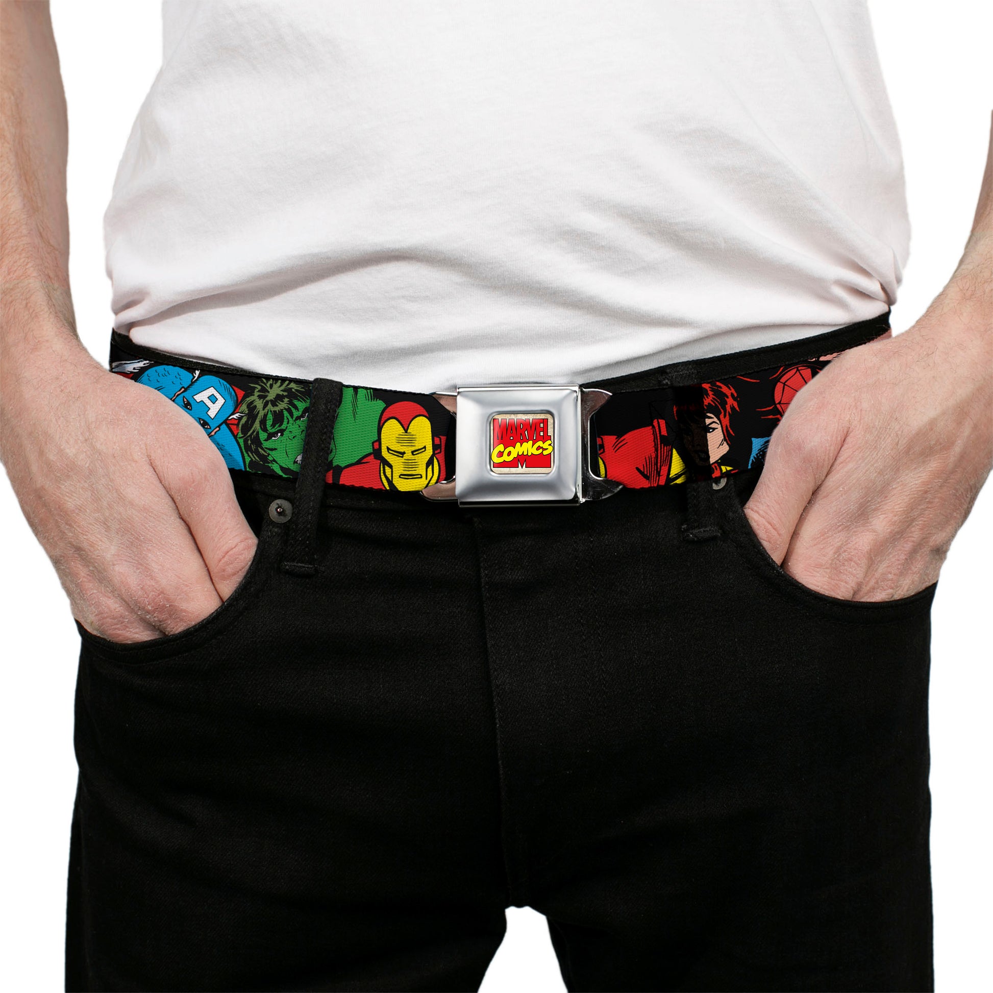 Marvel Comics Logo Full Color Seatbelt Belt - 5-Marvel Characters Black Webbing Seatbelt Belts Marvel Comics