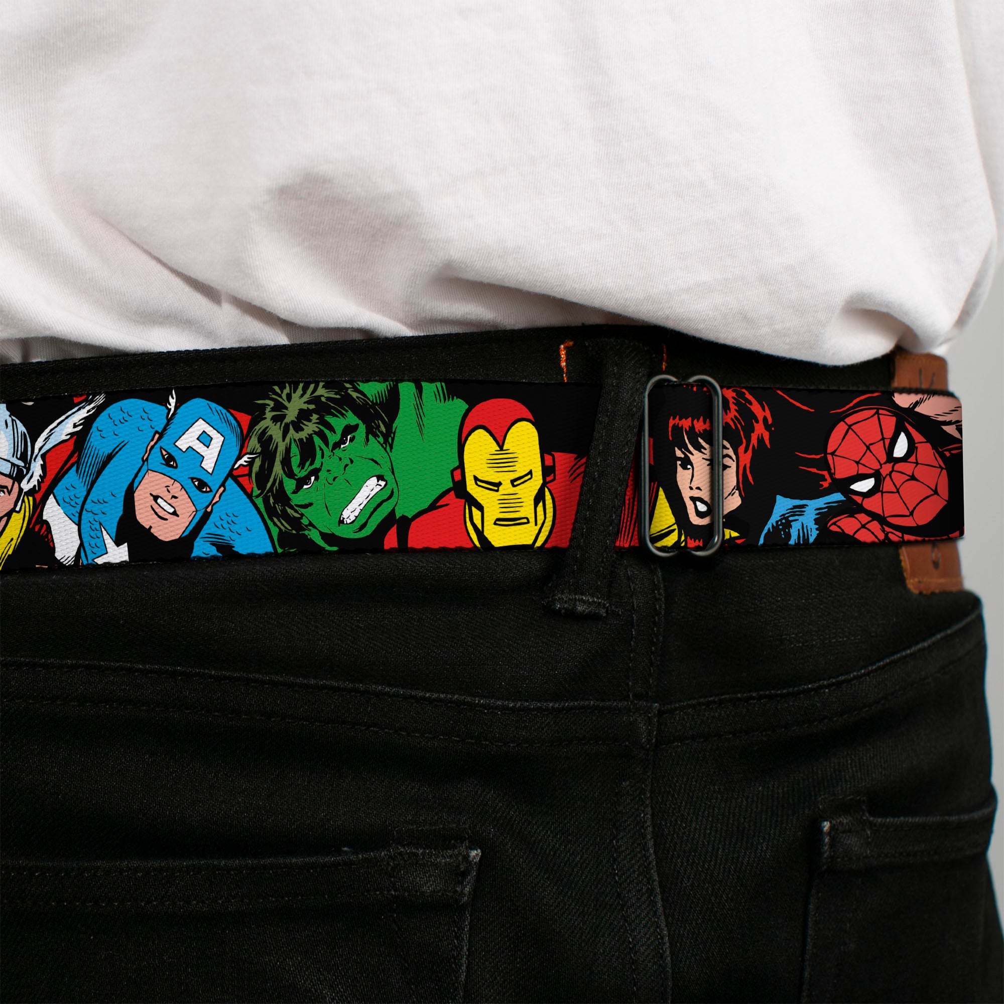 Marvel Comics Logo Full Color Seatbelt Belt - 5-Marvel Characters Black Webbing Seatbelt Belts Marvel Comics
