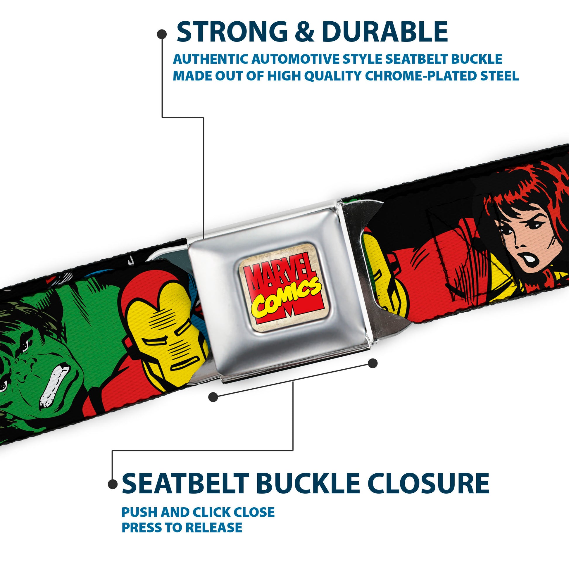 Marvel Comics Logo Full Color Seatbelt Belt - 5-Marvel Characters Black Webbing Seatbelt Belts Marvel Comics
