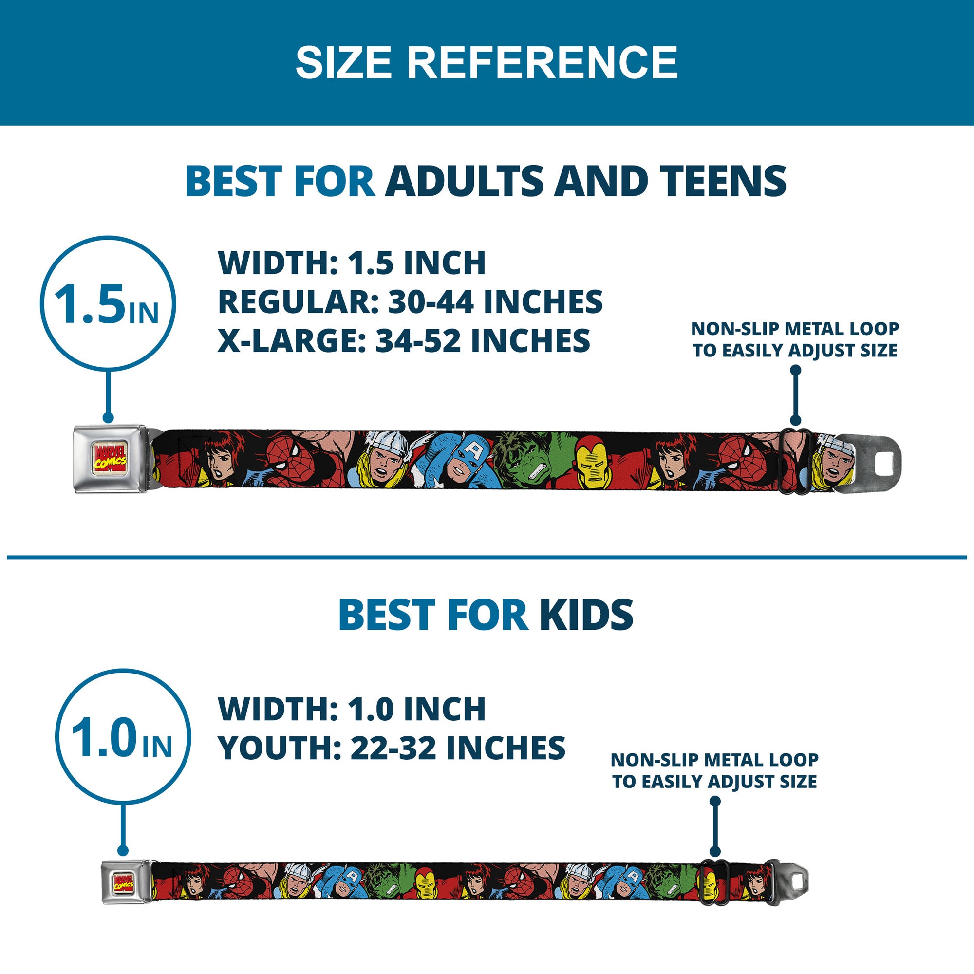Marvel Comics Logo Full Color Seatbelt Belt - 5-Marvel Characters Black Webbing Seatbelt Belts Marvel Comics