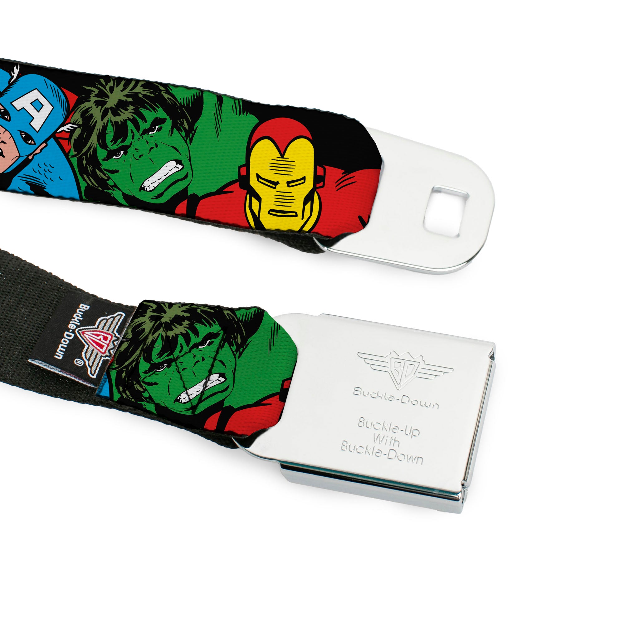 Marvel Comics Logo Full Color Seatbelt Belt - 5-Marvel Characters Black Webbing Seatbelt Belts Marvel Comics