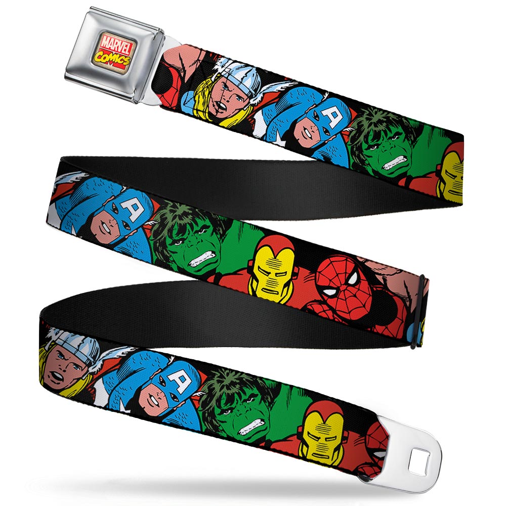 Marvel Comics Logo Full Color Seatbelt Belt - 5-Marvel Characters Black Webbing Seatbelt Belts Marvel Comics