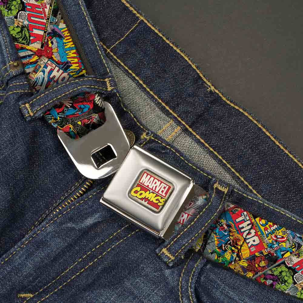 Marvel Comics Logo Full Color Seatbelt Belt - Retro Marvel Comic Books Stacked CLOSE-UP Webbing Seatbelt Belts Marvel Comics