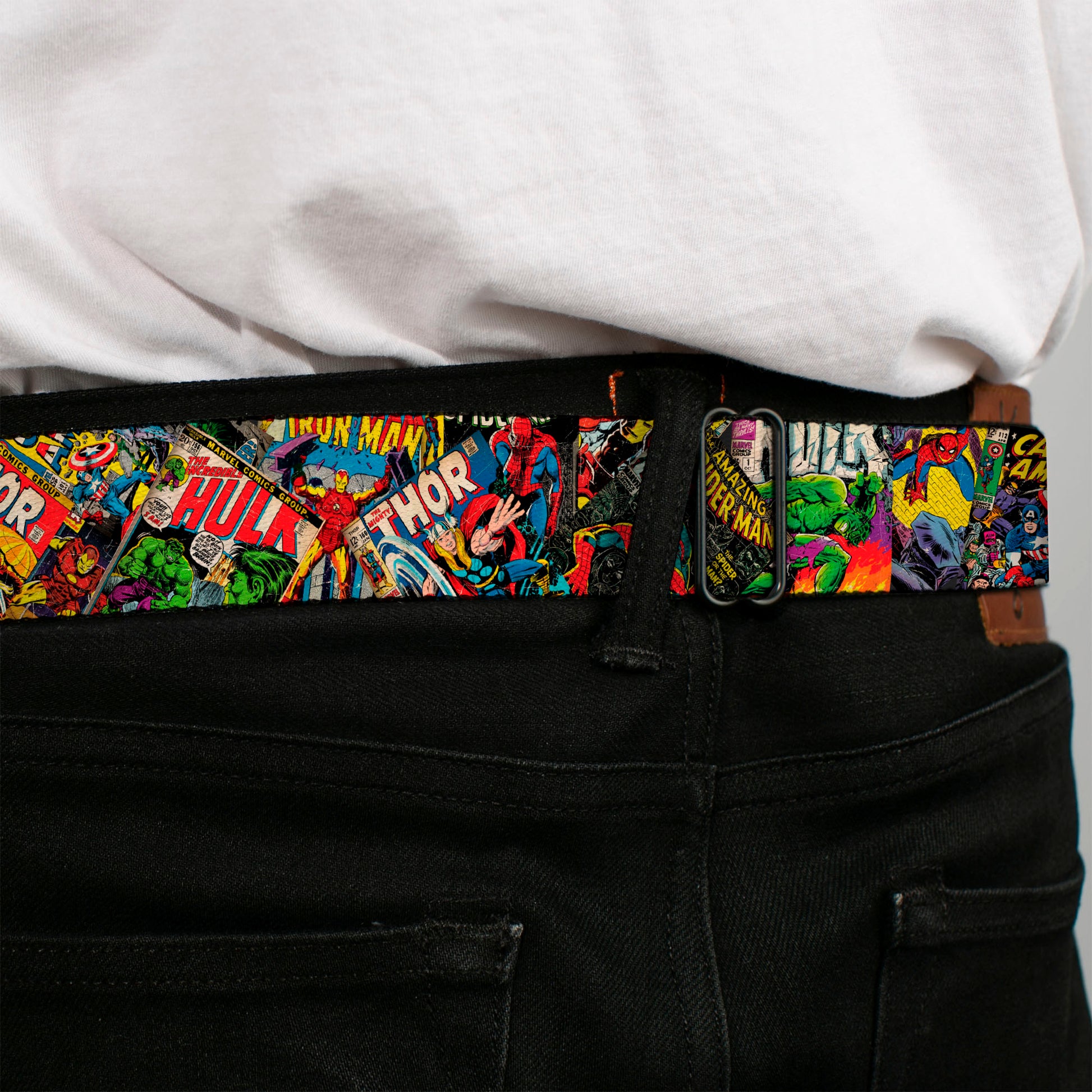 Marvel Comics Logo Full Color Seatbelt Belt - Retro Marvel Comic Books Stacked CLOSE-UP Webbing Seatbelt Belts Marvel Comics
