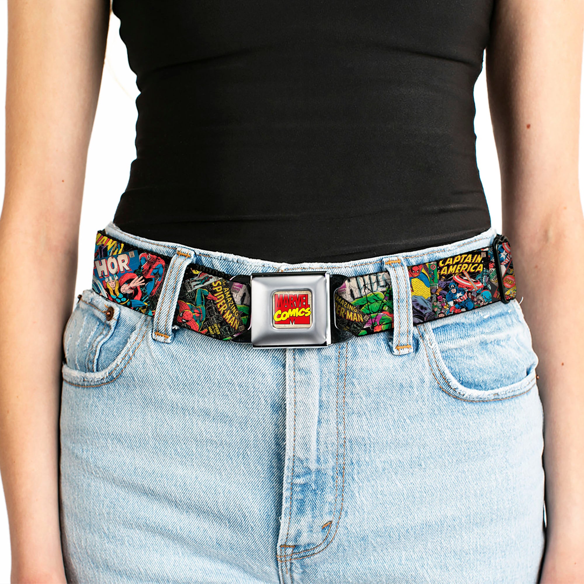 Marvel Comics Logo Full Color Seatbelt Belt - Retro Marvel Comic Books Stacked CLOSE-UP Webbing Seatbelt Belts Marvel Comics