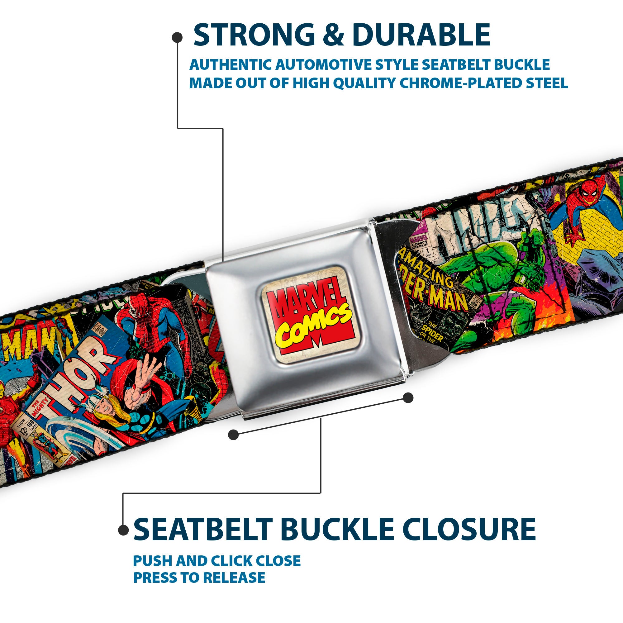 Marvel Comics Logo Full Color Seatbelt Belt - Retro Marvel Comic Books Stacked CLOSE-UP Webbing Seatbelt Belts Marvel Comics