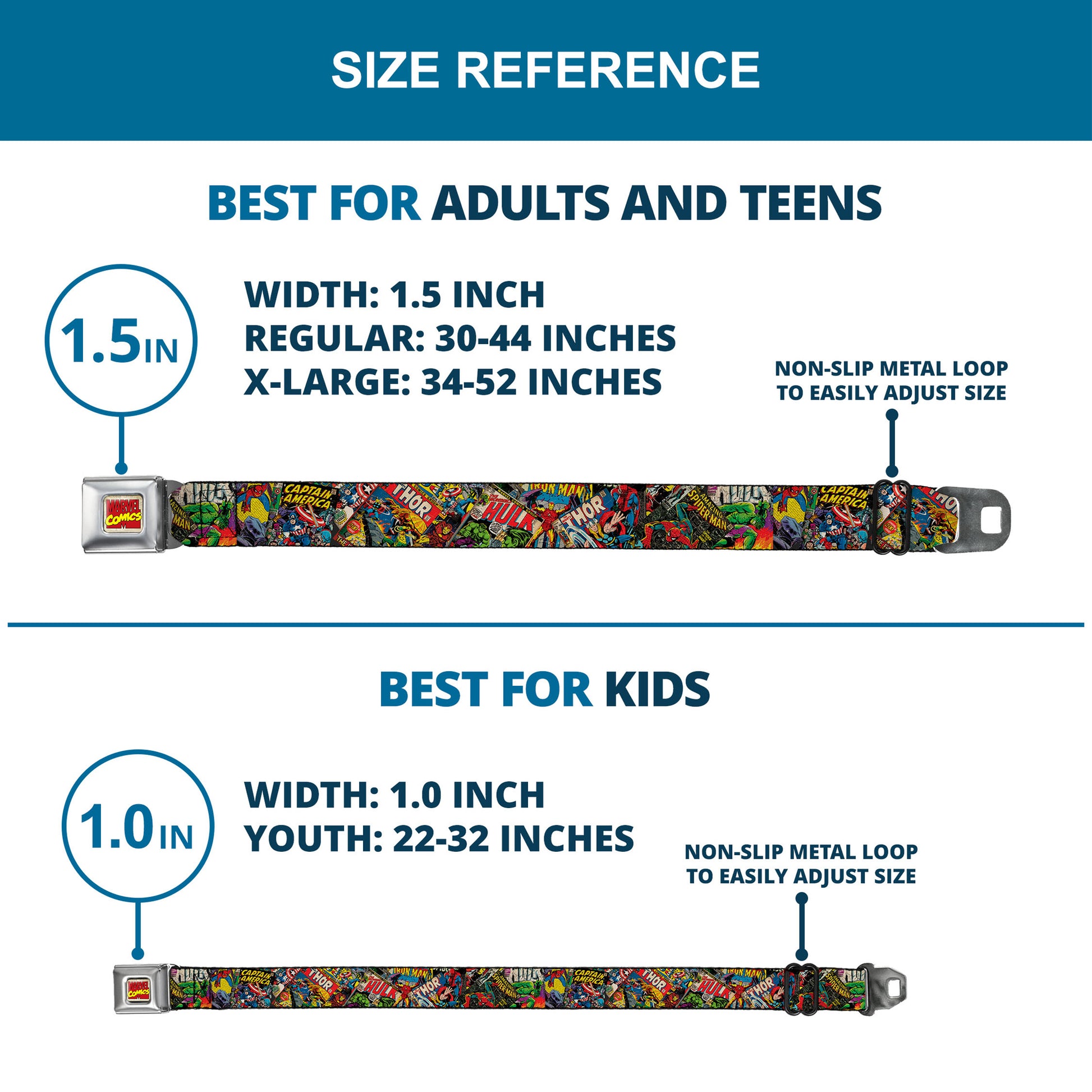 Marvel Comics Logo Full Color Seatbelt Belt - Retro Marvel Comic Books Stacked CLOSE-UP Webbing Seatbelt Belts Marvel Comics