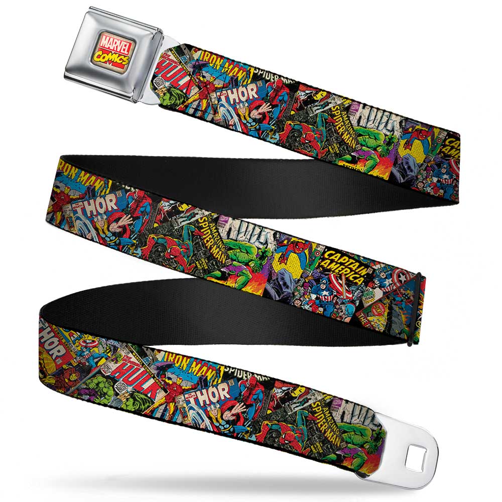 Marvel Comics Logo Full Color Seatbelt Belt - Retro Marvel Comic Books Stacked CLOSE-UP Webbing Seatbelt Belts Marvel Comics