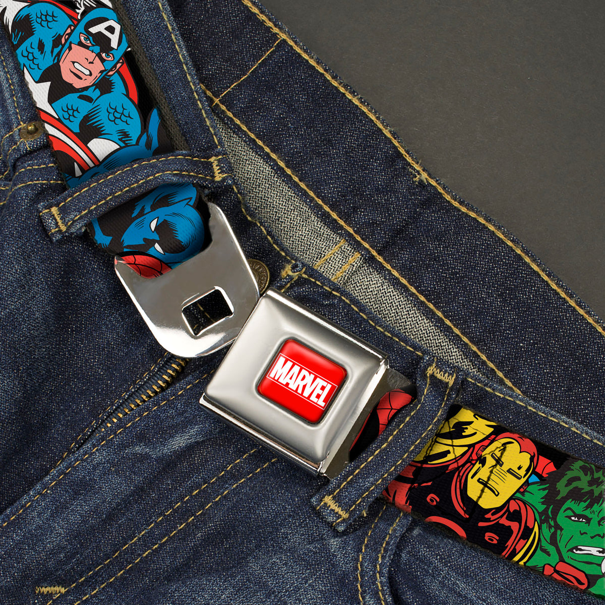 MARVEL Red/White Seatbelt Belt - Marvel Comics Six Avenger Poses Webbing Seatbelt Belts Marvel Comics