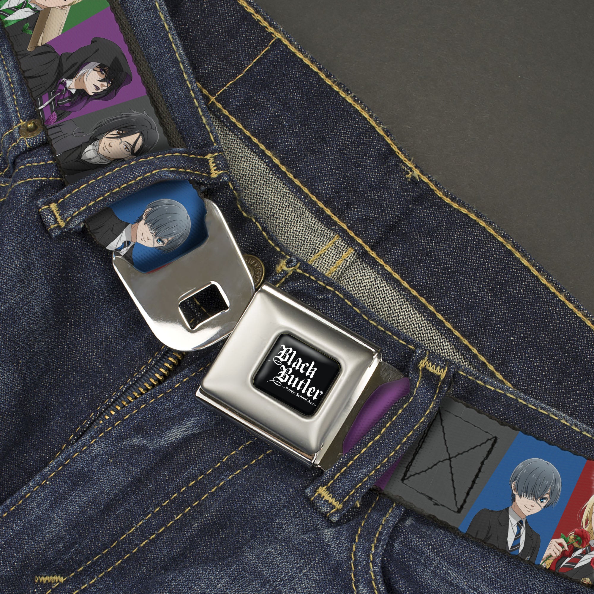 BLACK BUTLER PUBLIC SCHOOL ARC Title Logo Full Color Black/White Seatbelt Belt - Black Butler Six Character Pose Blocks Multi Color Webbing Seatbelt Belts Black Butler