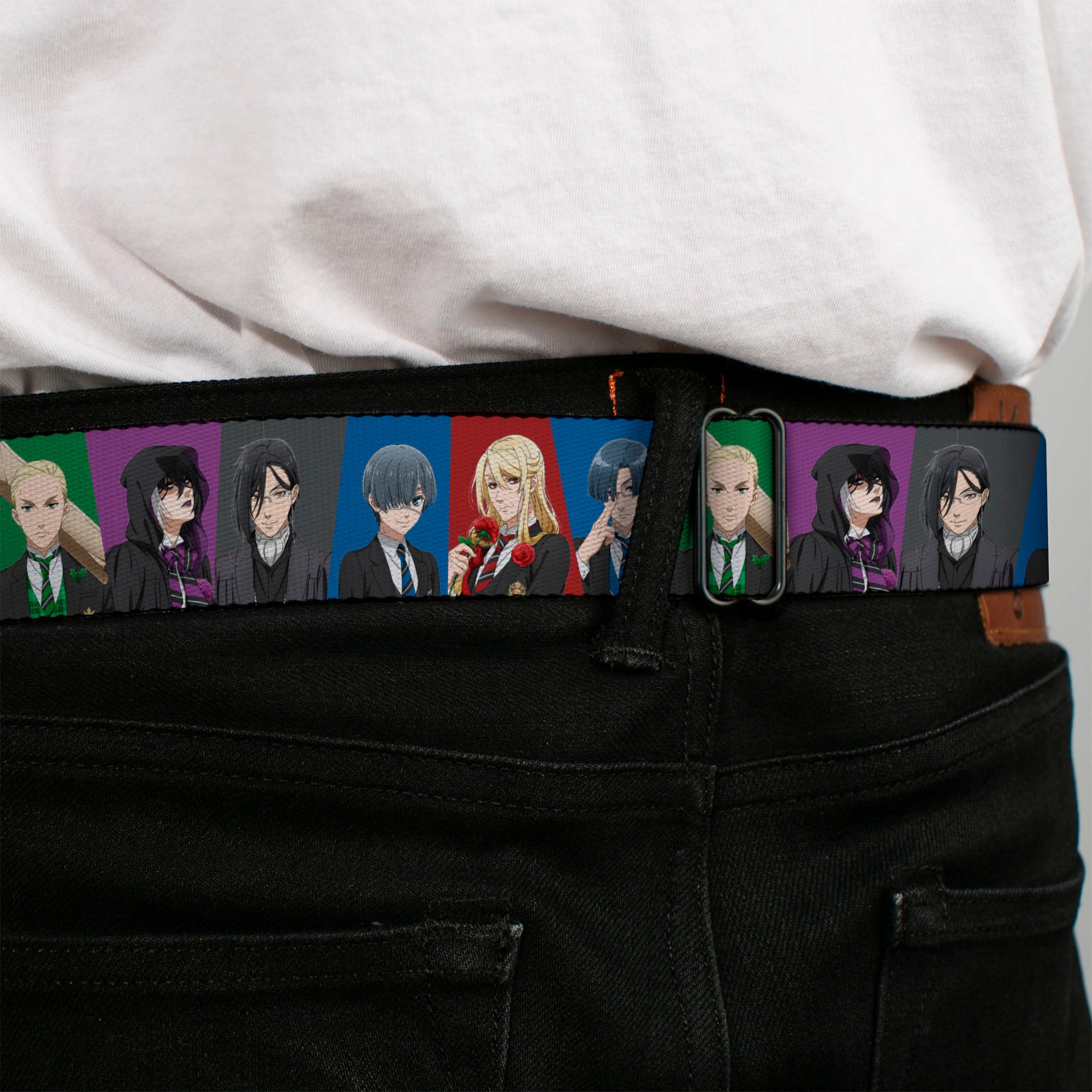 BLACK BUTLER PUBLIC SCHOOL ARC Title Logo Full Color Black/White Seatbelt Belt - Black Butler Six Character Pose Blocks Multi Color Webbing Seatbelt Belts Black Butler
