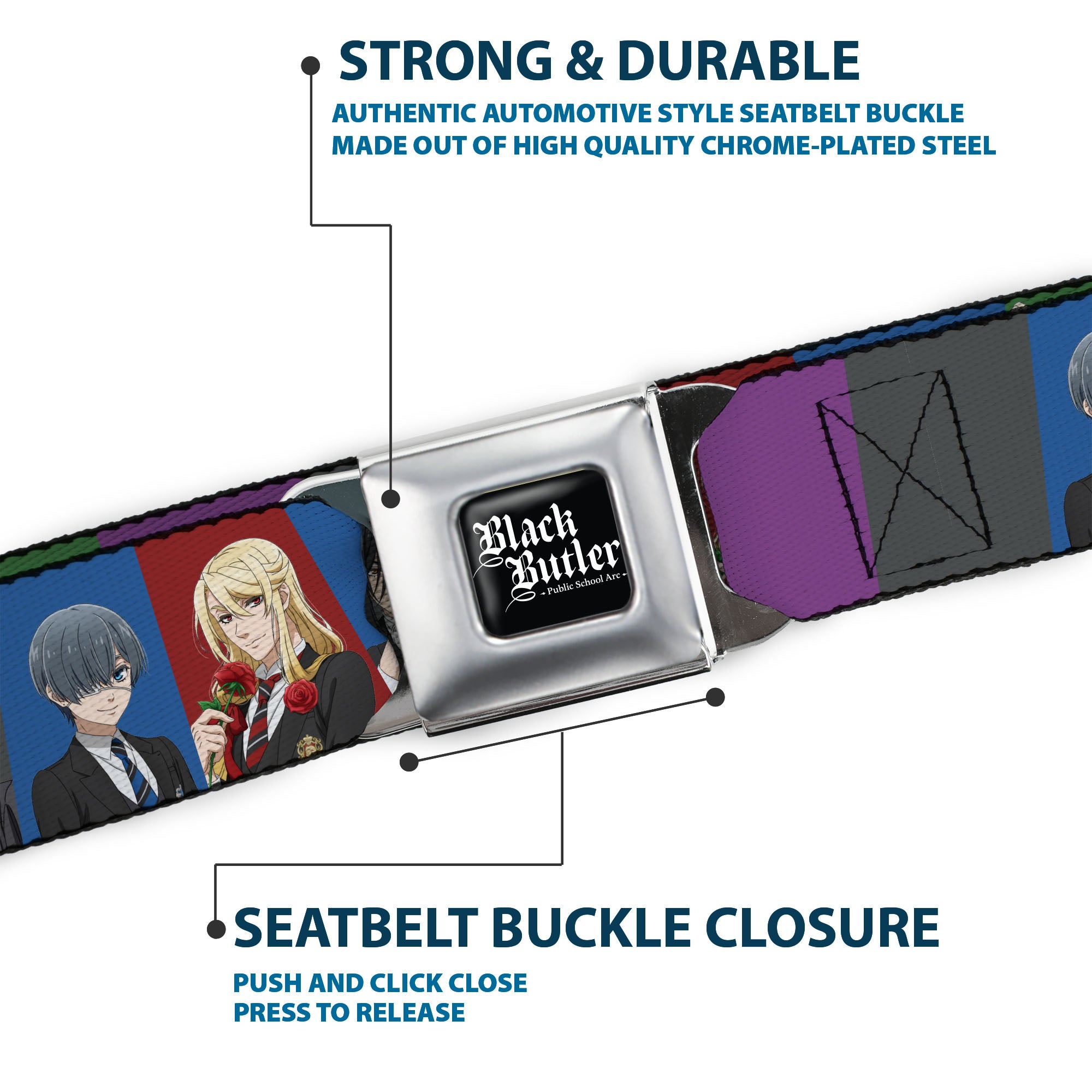 BLACK BUTLER PUBLIC SCHOOL ARC Title Logo Full Color Black/White Seatbelt Belt - Black Butler Six Character Pose Blocks Multi Color Webbing Seatbelt Belts Black Butler