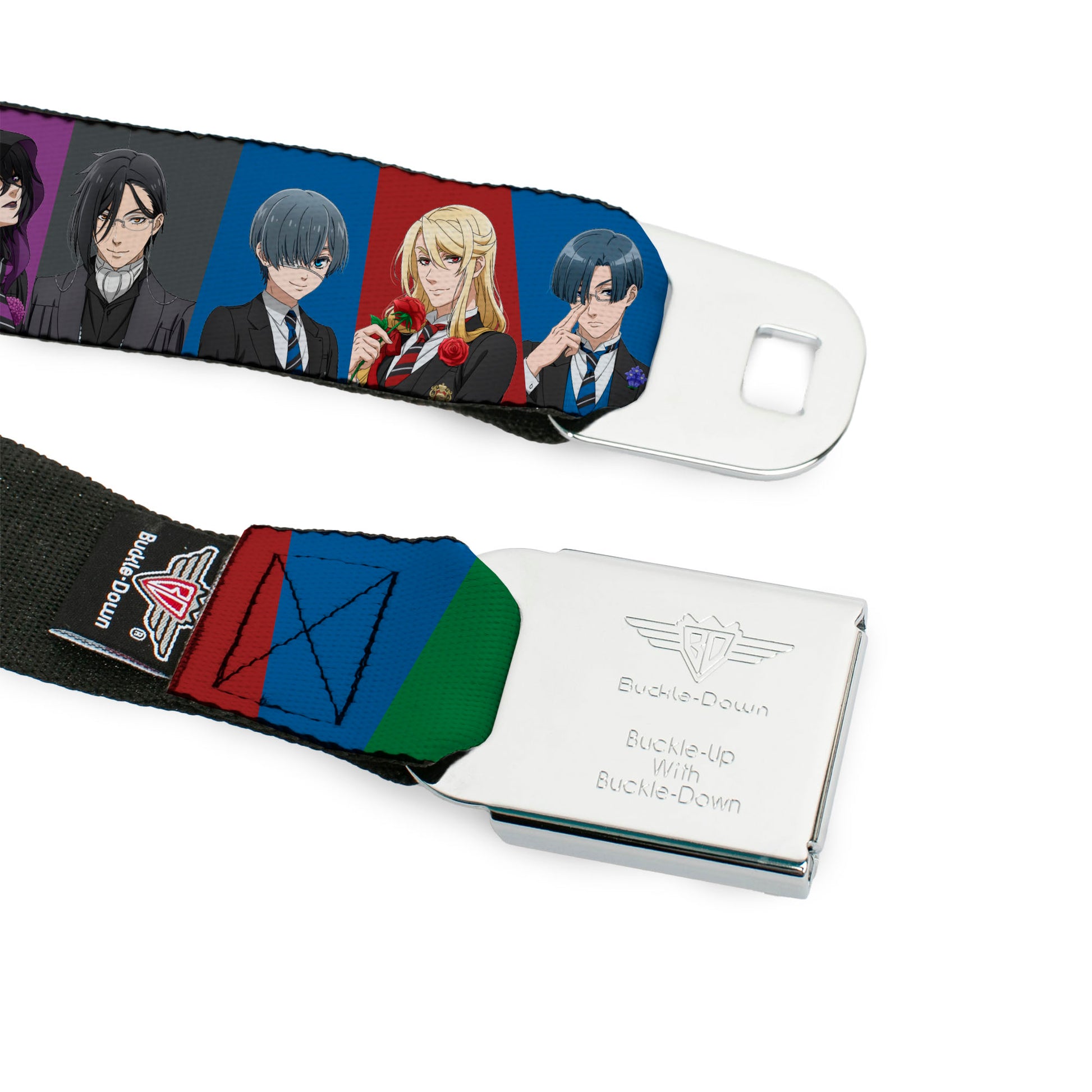 BLACK BUTLER PUBLIC SCHOOL ARC Title Logo Full Color Black/White Seatbelt Belt - Black Butler Six Character Pose Blocks Multi Color Webbing Seatbelt Belts Black Butler
