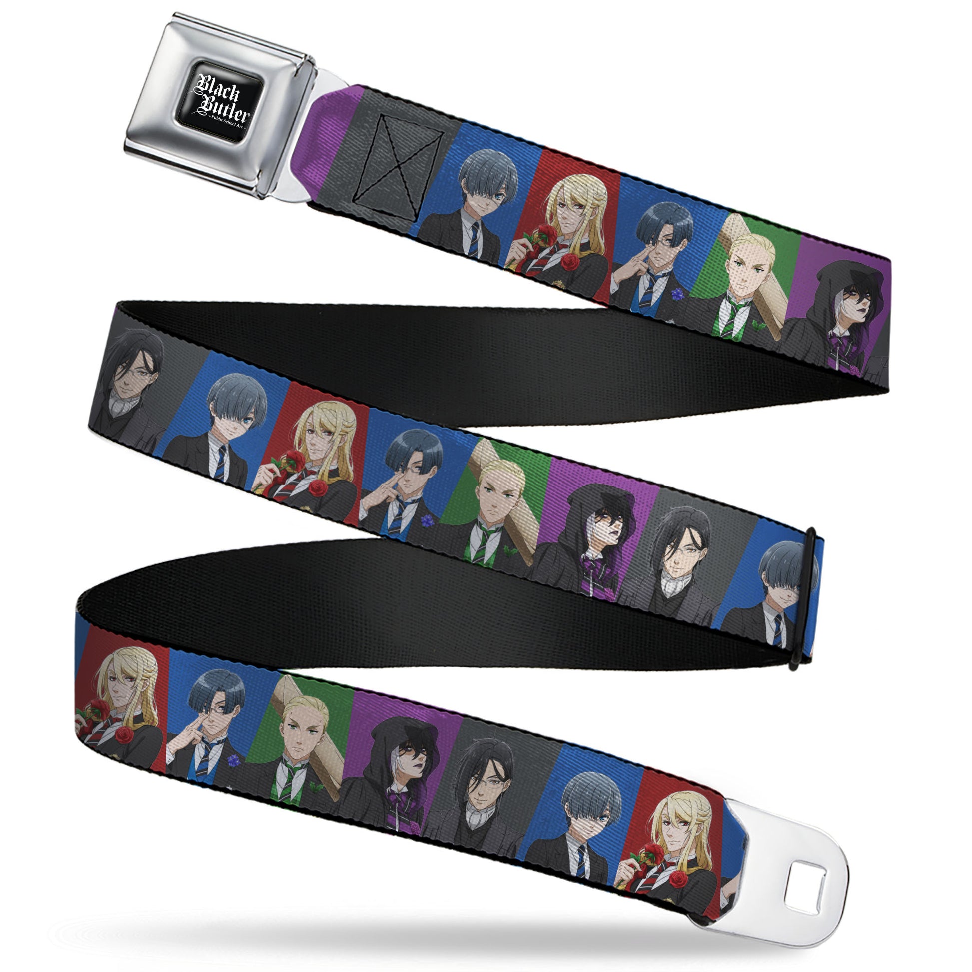 BLACK BUTLER PUBLIC SCHOOL ARC Title Logo Full Color Black/White Seatbelt Belt - Black Butler Six Character Pose Blocks Multi Color Webbing Seatbelt Belts Black Butler