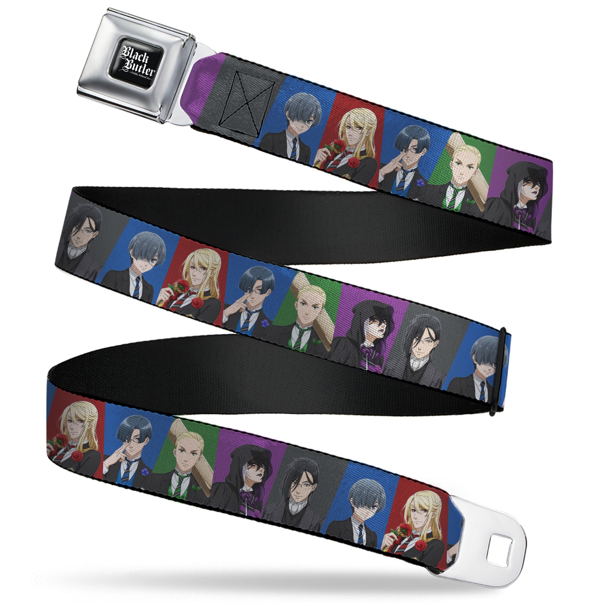 BLACK BUTLER PUBLIC SCHOOL ARC Title Logo Full Color Black/White Seatbelt Belt - Black Butler Six Character Pose Blocks Multi Color Webbing Seatbelt Belts Black Butler