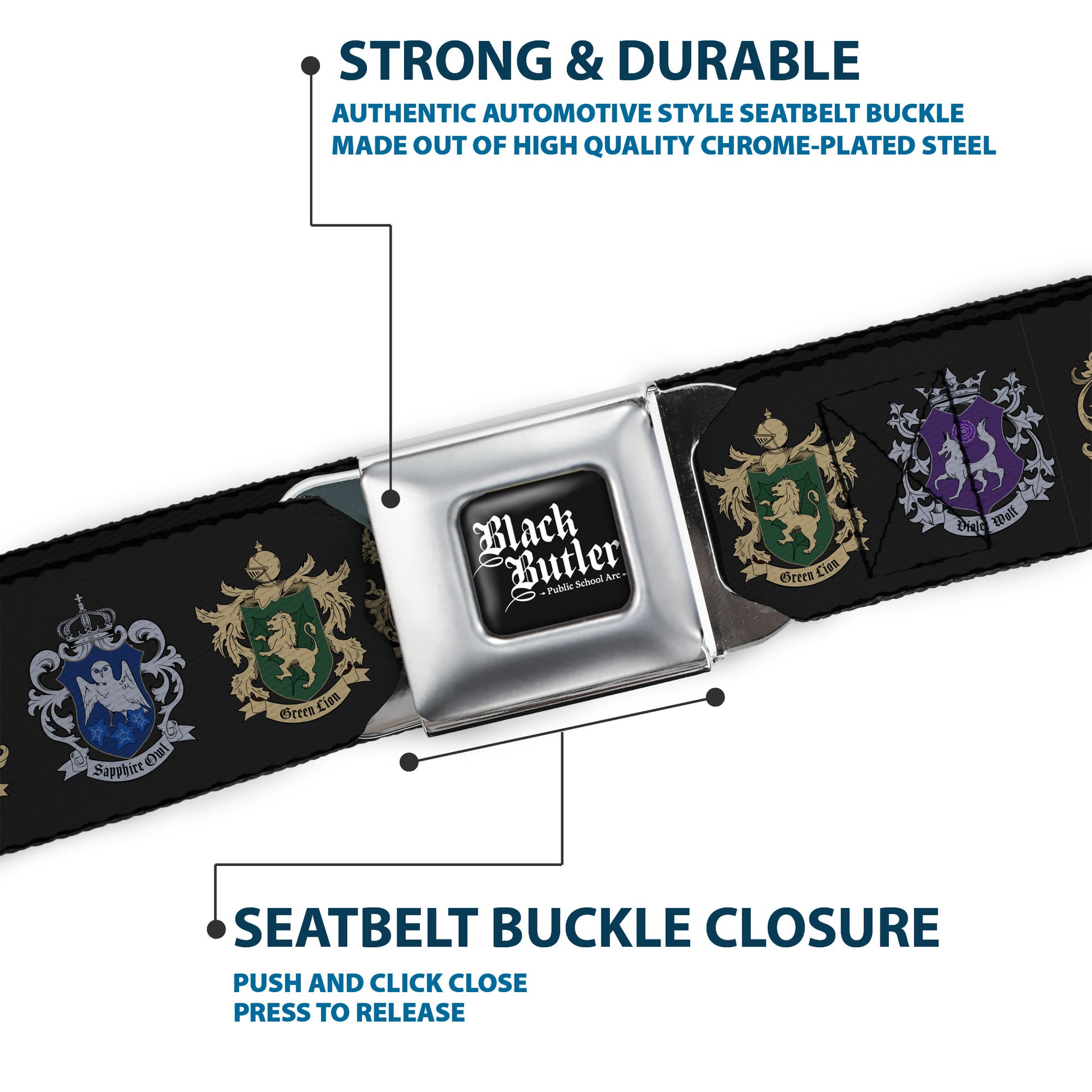 BLACK BUTLER PUBLIC SCHOOL ARC Title Logo Full Color Black/White Seatbelt Belt - Black Butler Public School Arc House Crest Icons Black Webbing Seatbelt Belts Black Butler