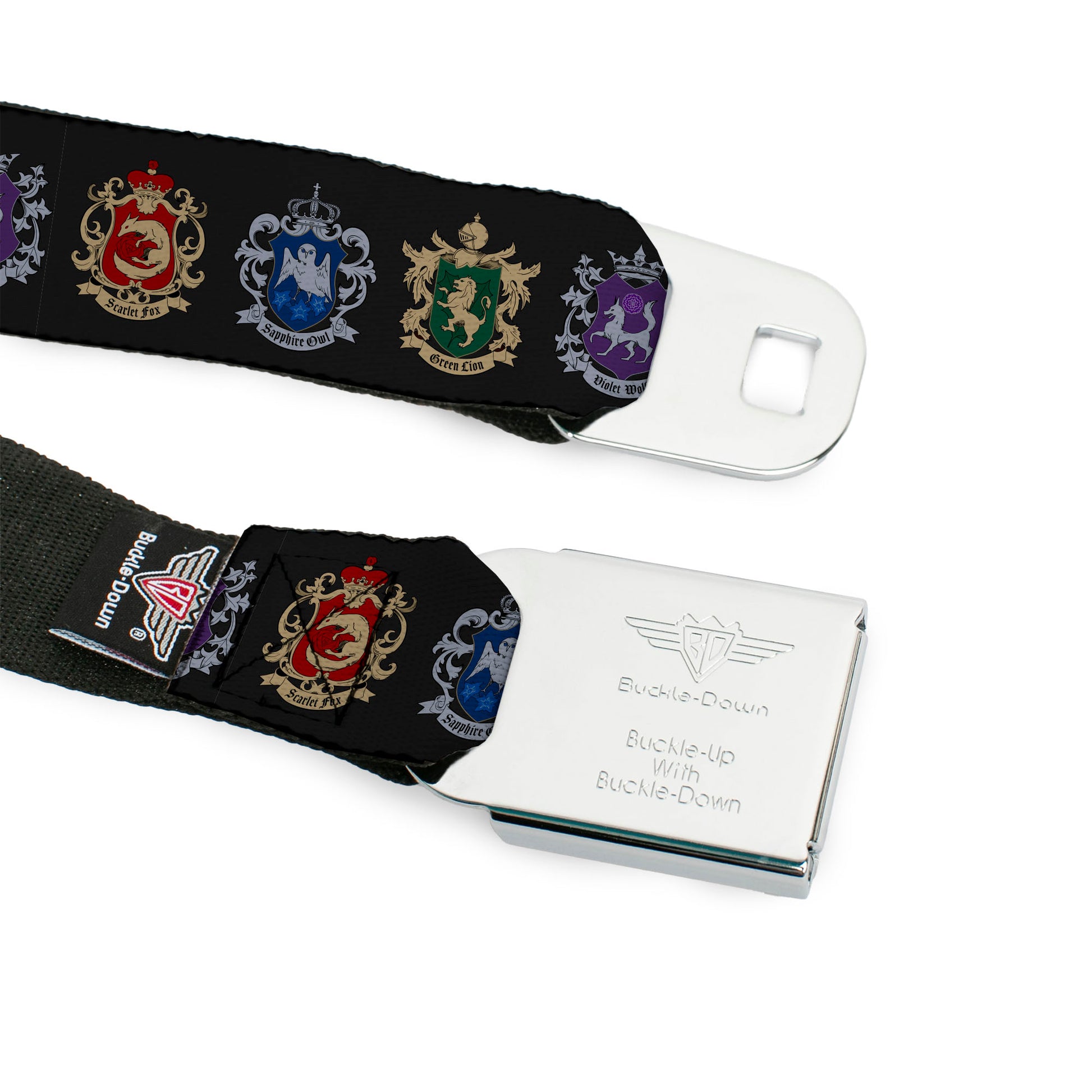BLACK BUTLER PUBLIC SCHOOL ARC Title Logo Full Color Black/White Seatbelt Belt - Black Butler Public School Arc House Crest Icons Black Webbing Seatbelt Belts Black Butler