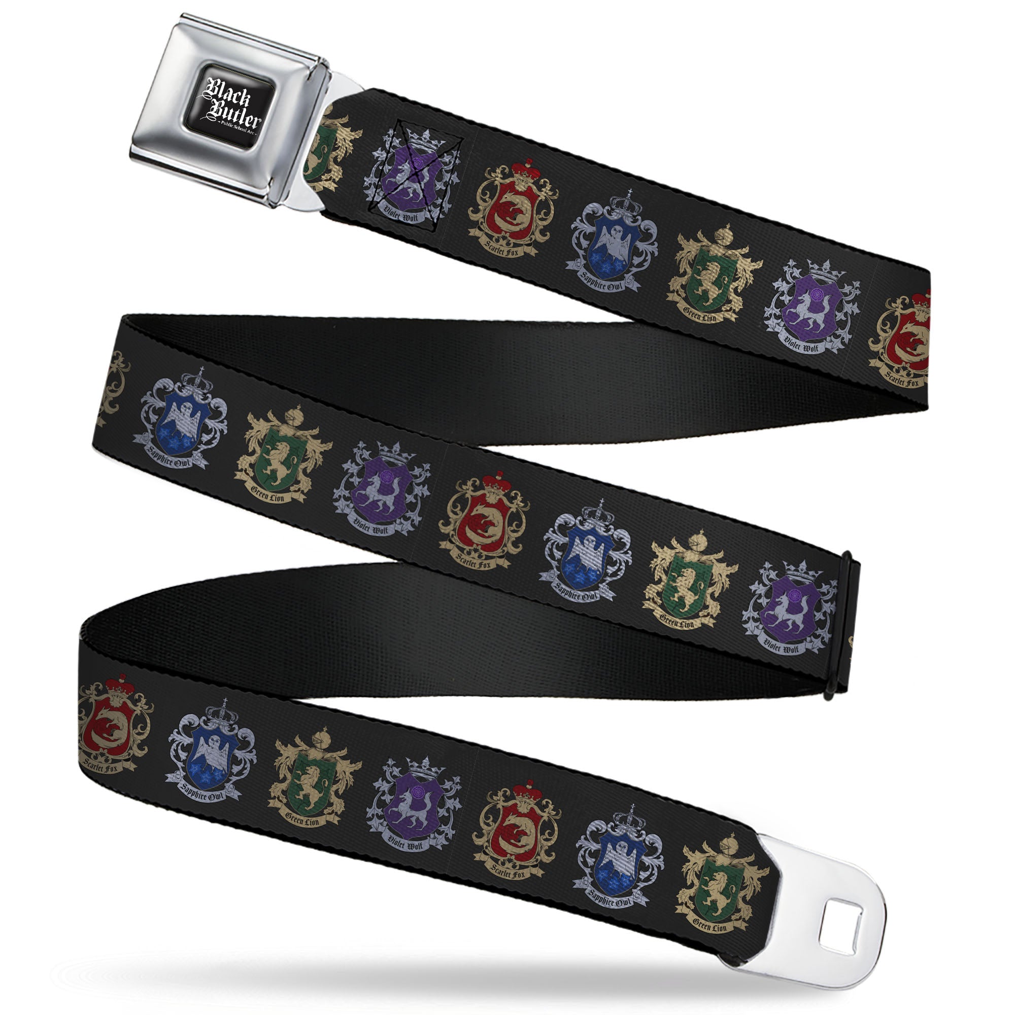 BLACK BUTLER PUBLIC SCHOOL ARC Title Logo Full Color Black/White Seatbelt Belt - Black Butler Public School Arc House Crest Icons Black Webbing Seatbelt Belts Black Butler