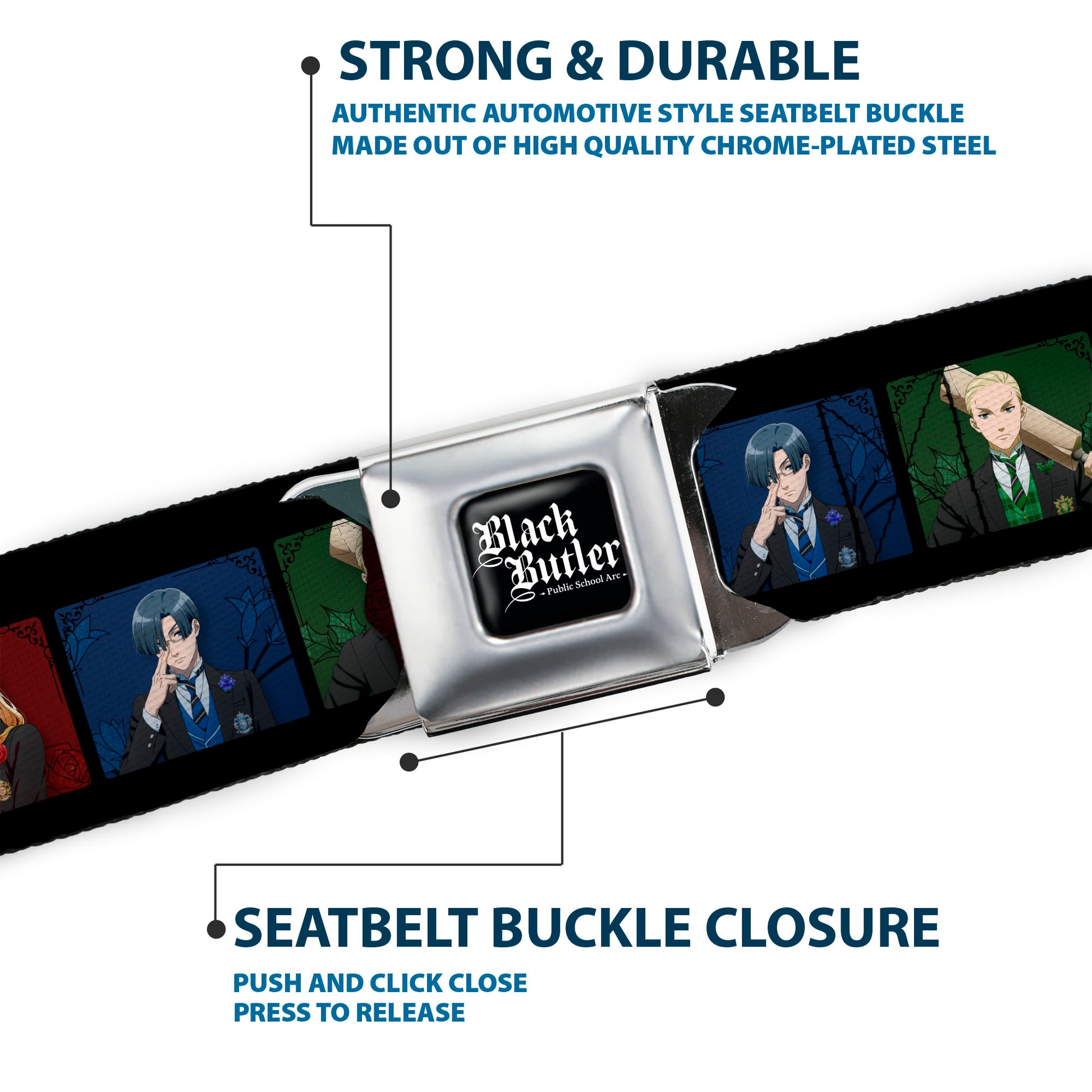 BLACK BUTLER PUBLIC SCHOOL ARC Title Logo Full Color Black/White Seatbelt Belt - Black Butler House Head Pose Blocks Black/Multi Color Webbing Seatbelt Belts Black Butler