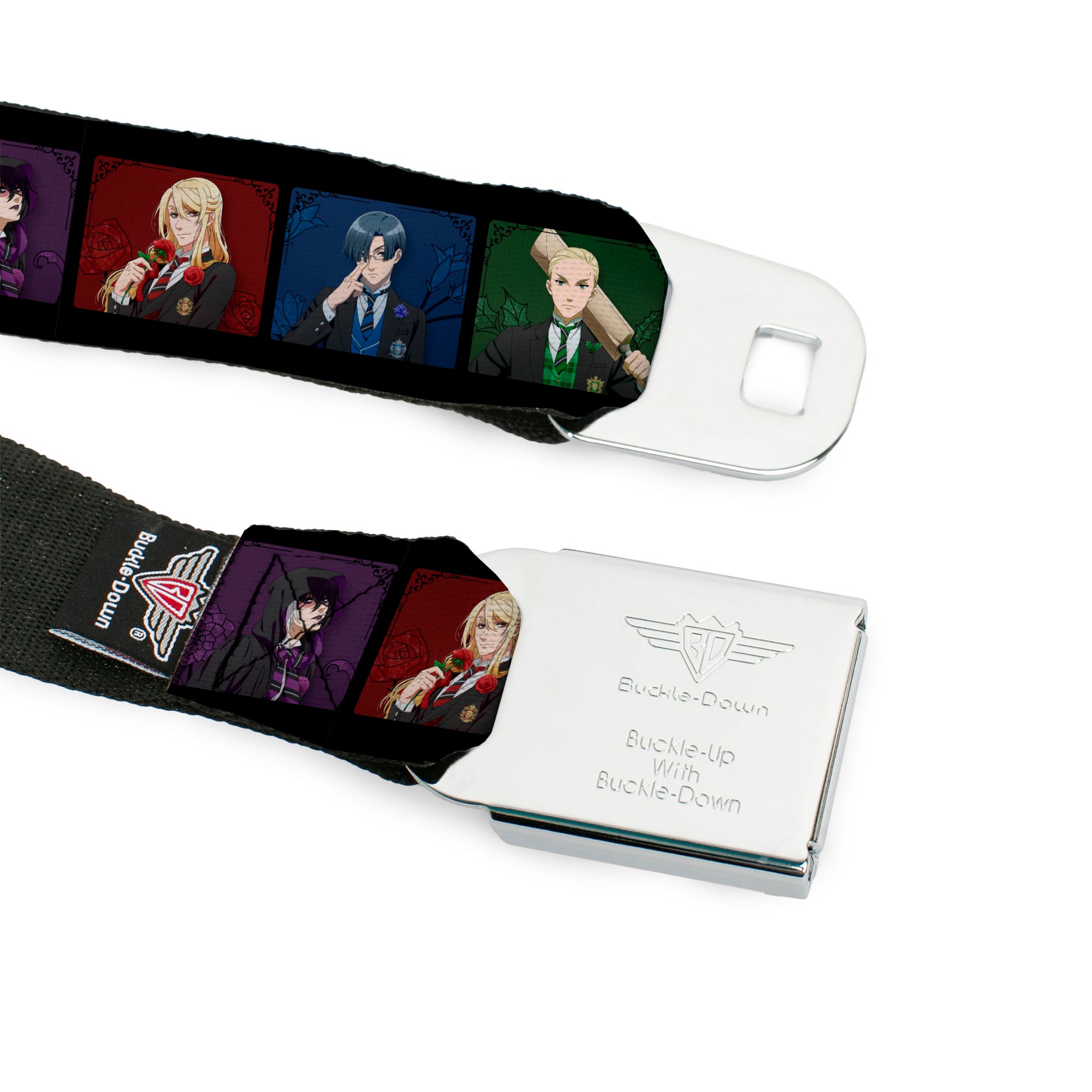 BLACK BUTLER PUBLIC SCHOOL ARC Title Logo Full Color Black/White Seatbelt Belt - Black Butler House Head Pose Blocks Black/Multi Color Webbing Seatbelt Belts Black Butler