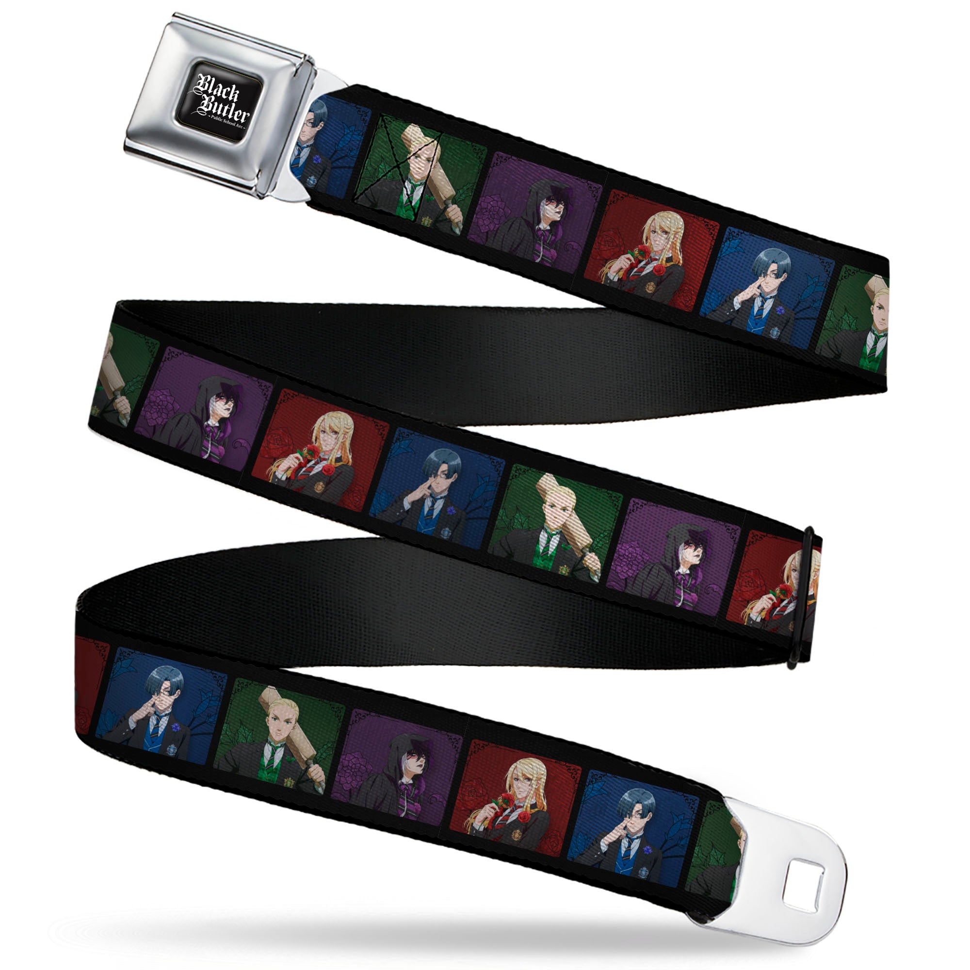 BLACK BUTLER PUBLIC SCHOOL ARC Title Logo Full Color Black/White Seatbelt Belt - Black Butler House Head Pose Blocks Black/Multi Color Webbing Seatbelt Belts Black Butler