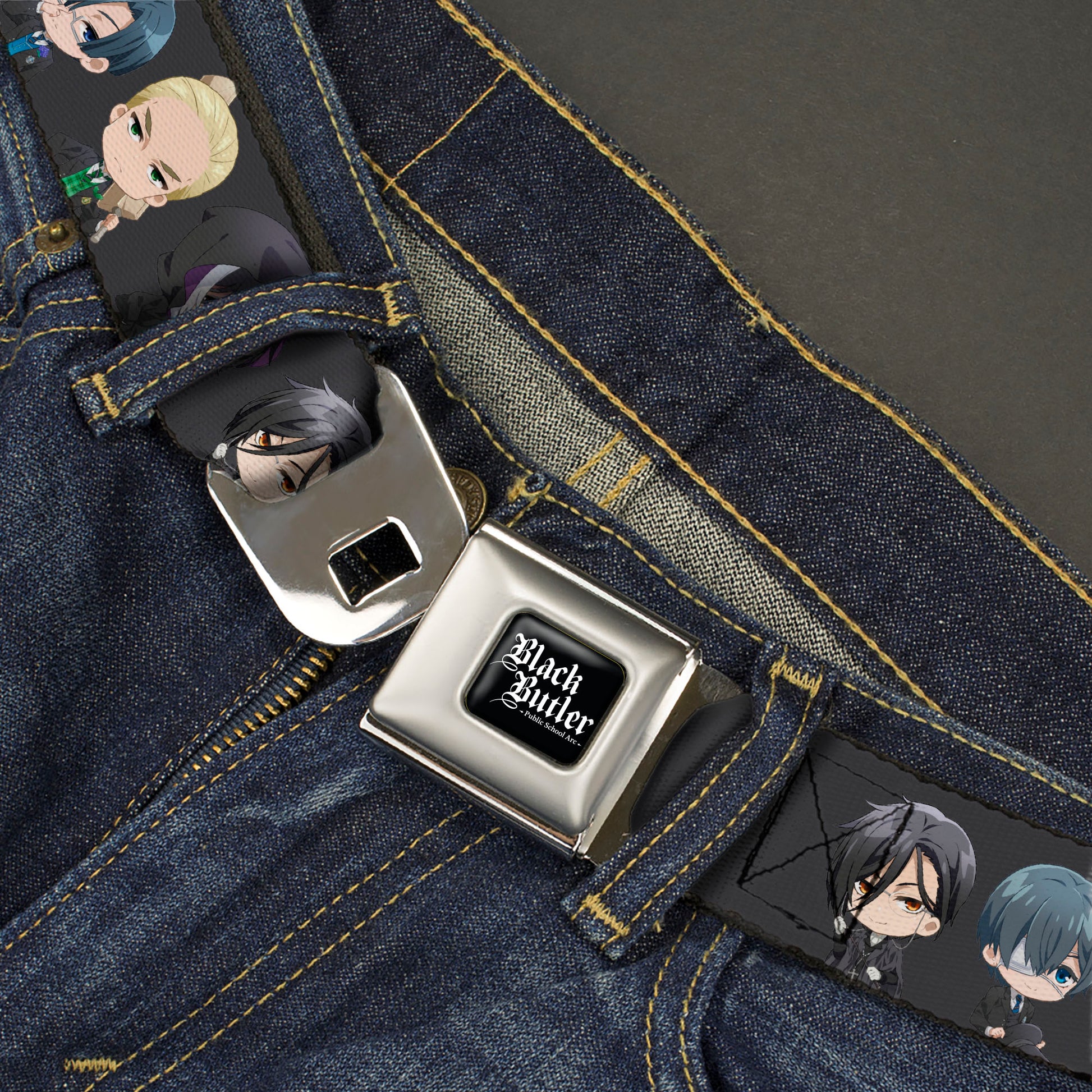 BLACK BUTLER PUBLIC SCHOOL ARC Title Logo Full Color Black/White Seatbelt Belt - Black Butler Six Chibi Characters Poses Black Webbing Seatbelt Belts Black Butler