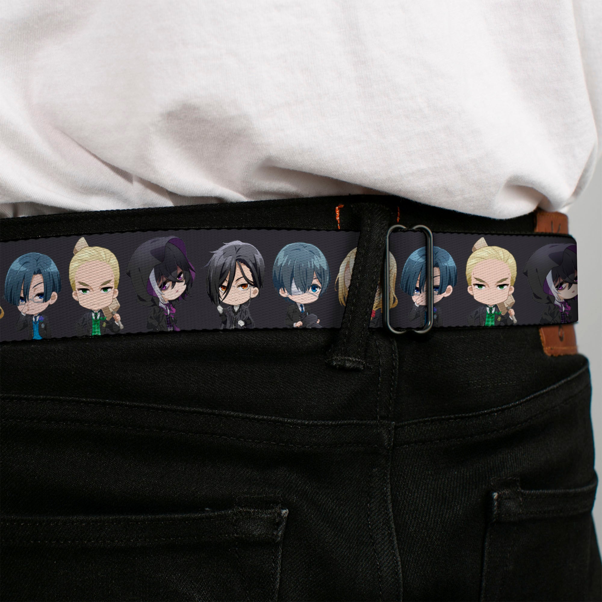 BLACK BUTLER PUBLIC SCHOOL ARC Title Logo Full Color Black/White Seatbelt Belt - Black Butler Six Chibi Characters Poses Black Webbing Seatbelt Belts Black Butler