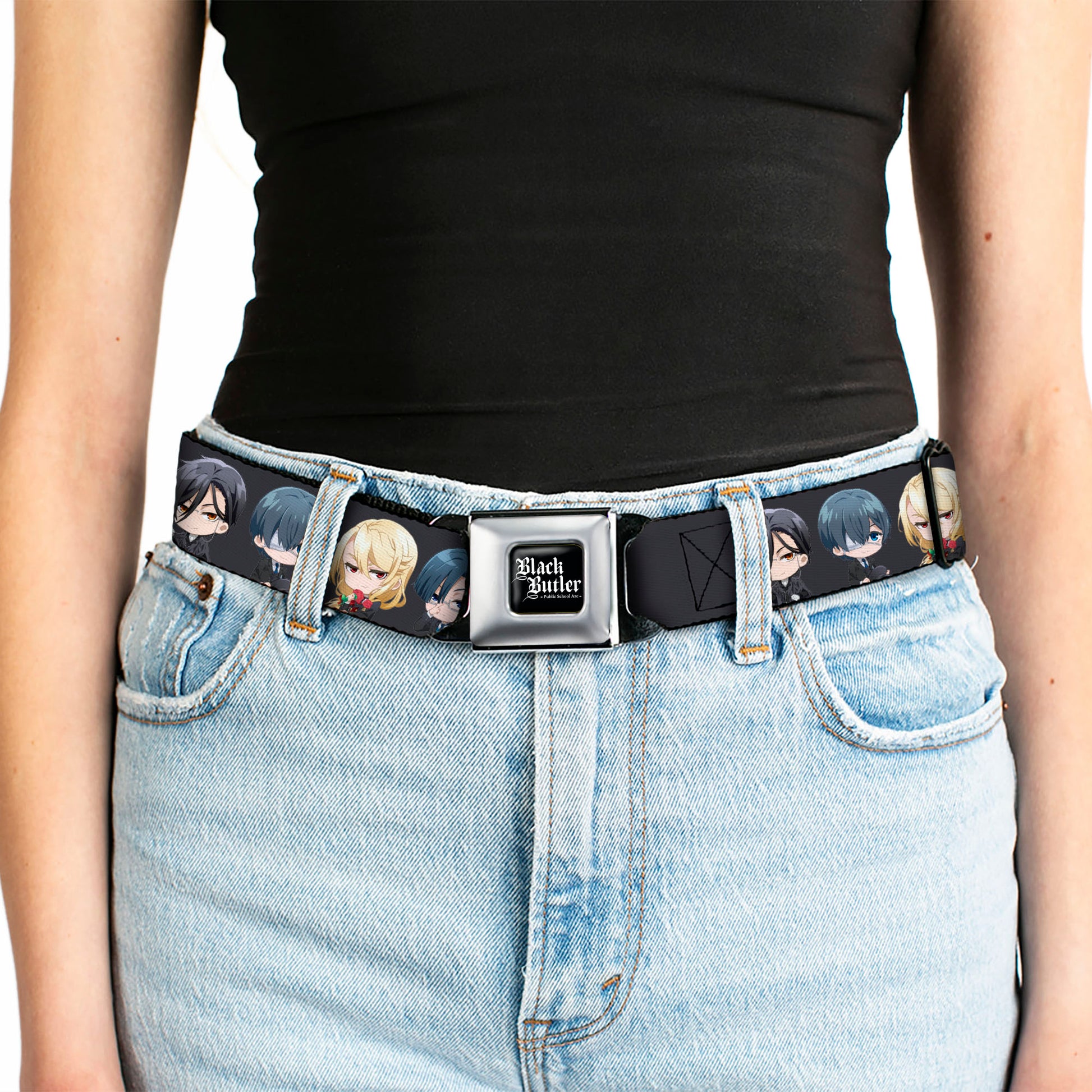 BLACK BUTLER PUBLIC SCHOOL ARC Title Logo Full Color Black/White Seatbelt Belt - Black Butler Six Chibi Characters Poses Black Webbing Seatbelt Belts Black Butler