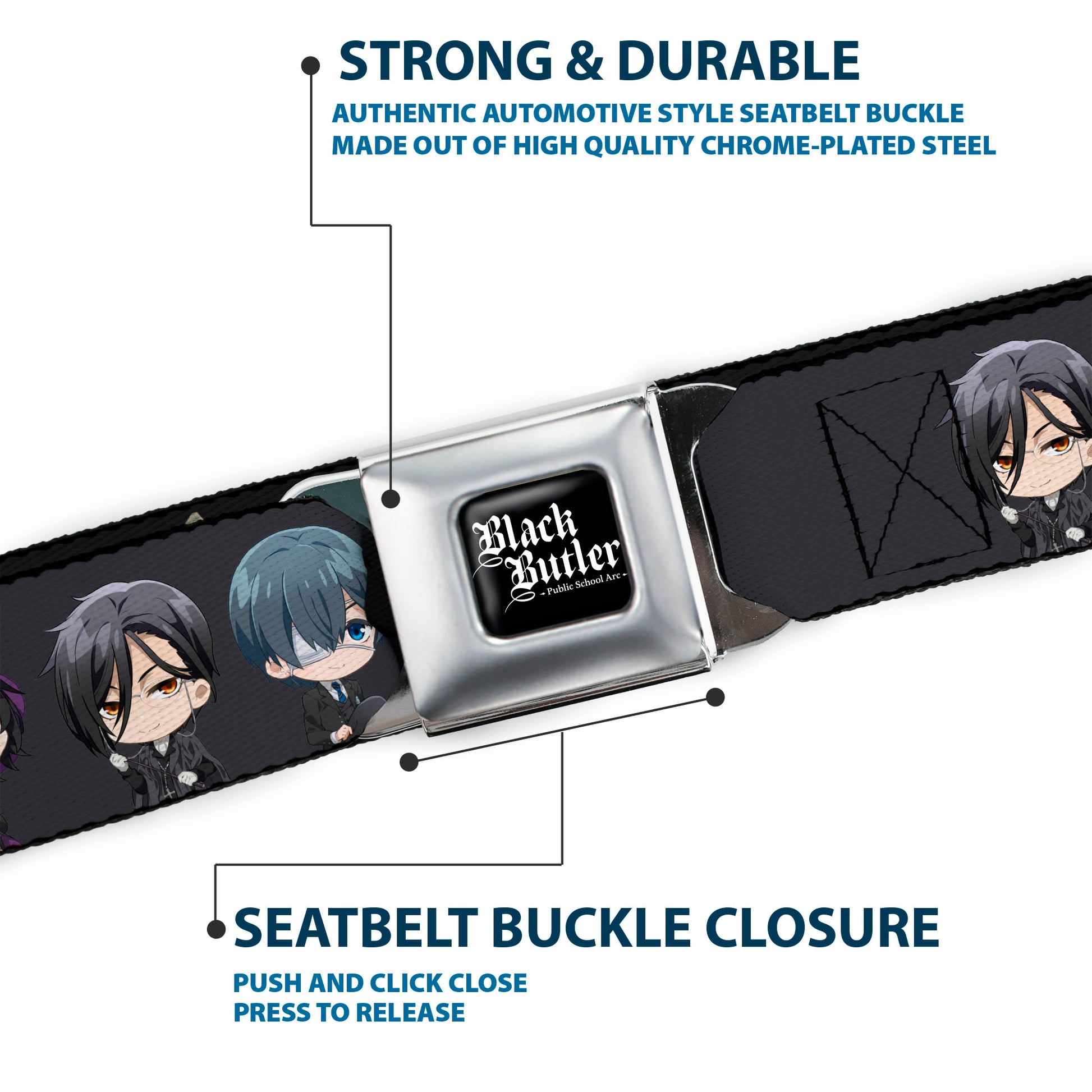 BLACK BUTLER PUBLIC SCHOOL ARC Title Logo Full Color Black/White Seatbelt Belt - Black Butler Six Chibi Characters Poses Black Webbing Seatbelt Belts Black Butler