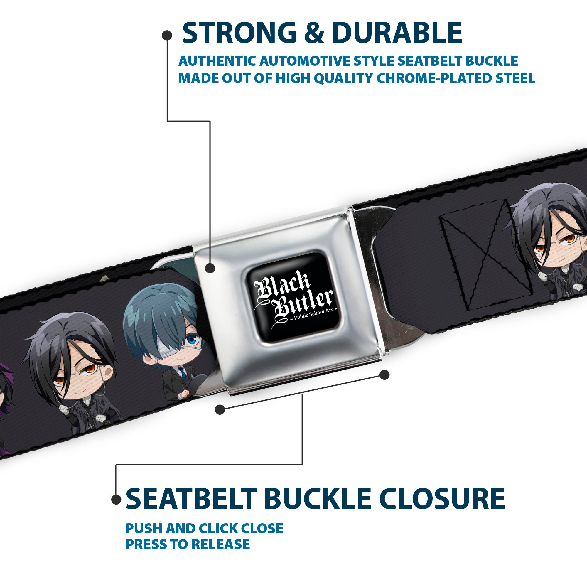 BLACK BUTLER PUBLIC SCHOOL ARC Title Logo Full Color Black/White Seatbelt Belt - Black Butler Six Chibi Characters Poses Black Webbing Seatbelt Belts Black Butler