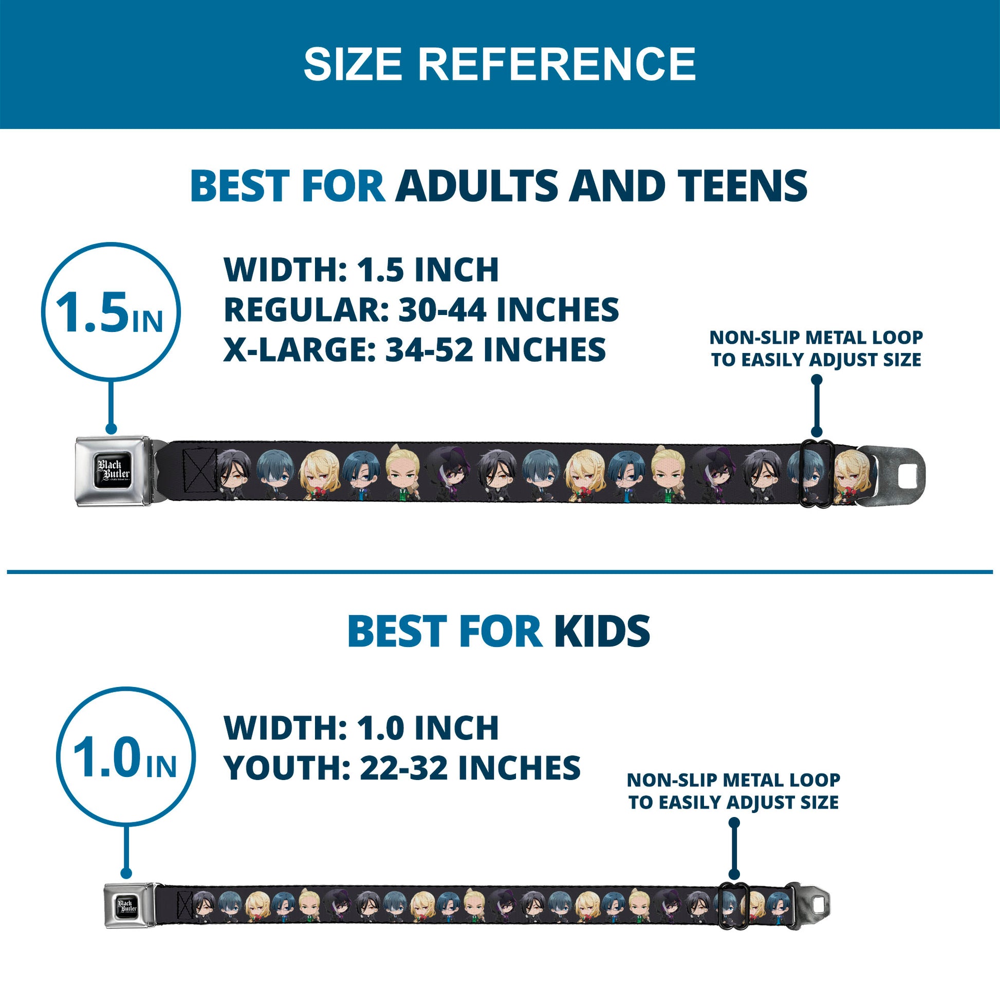 BLACK BUTLER PUBLIC SCHOOL ARC Title Logo Full Color Black/White Seatbelt Belt - Black Butler Six Chibi Characters Poses Black Webbing Seatbelt Belts Black Butler