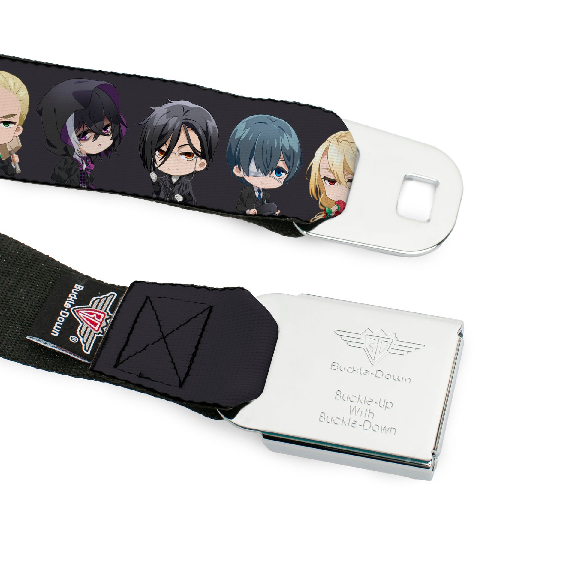 BLACK BUTLER PUBLIC SCHOOL ARC Title Logo Full Color Black/White Seatbelt Belt - Black Butler Six Chibi Characters Poses Black Webbing Seatbelt Belts Black Butler