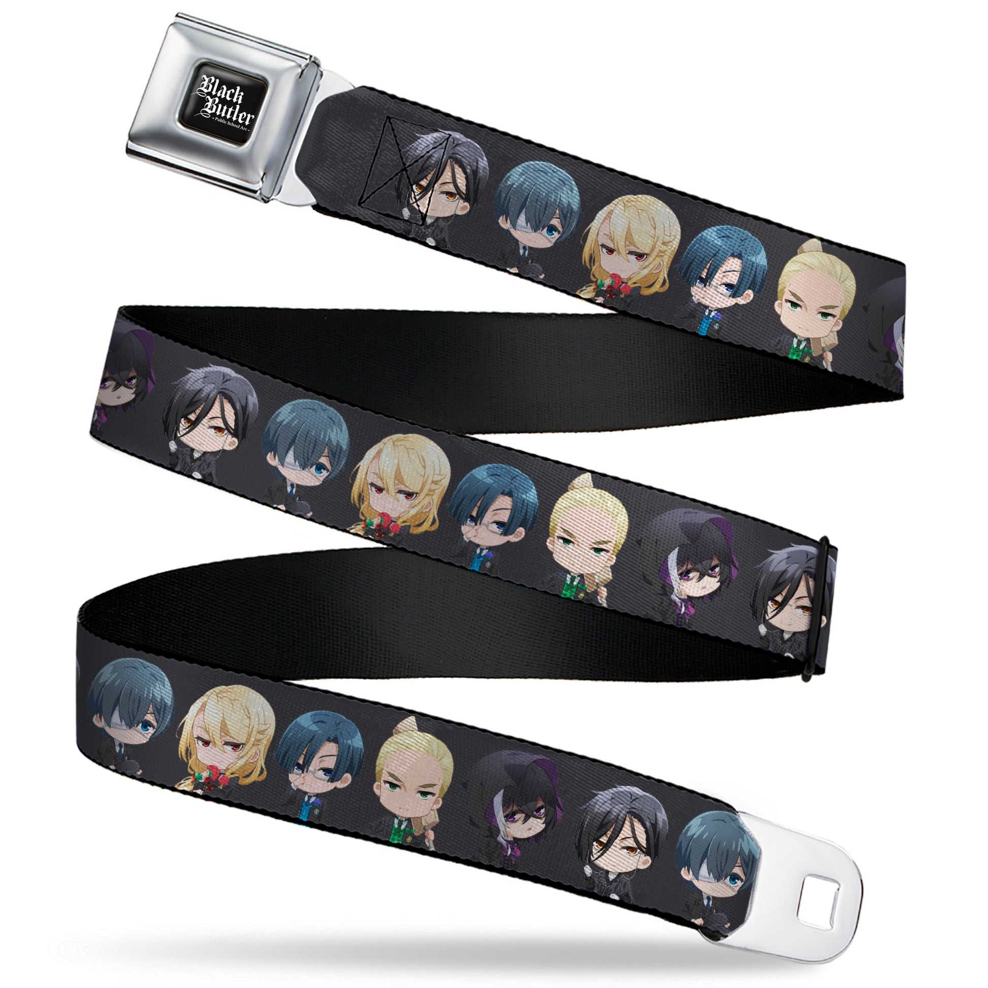 BLACK BUTLER PUBLIC SCHOOL ARC Title Logo Full Color Black/White Seatbelt Belt - Black Butler Six Chibi Characters Poses Black Webbing Seatbelt Belts Black Butler