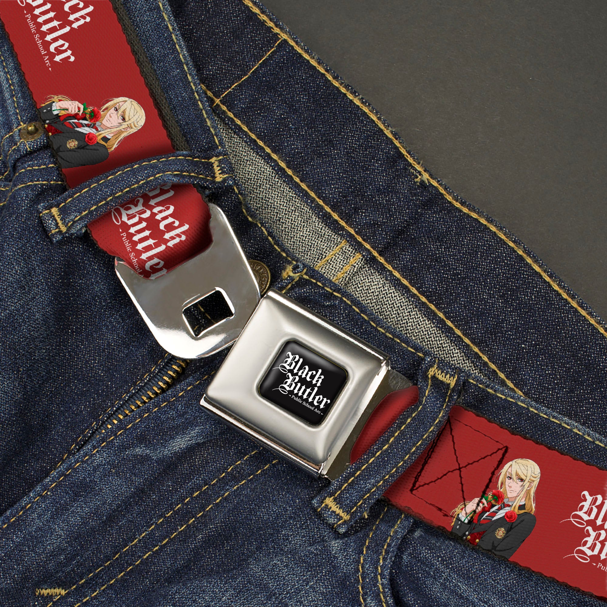 BLACK BUTLER PUBLIC SCHOOL ARC Title Logo Full Color Black/White Seatbelt Belt - BLACK BUTLER Edgar Redmond Pose and Title Logo Red Webbing Seatbelt Belts Black Butler