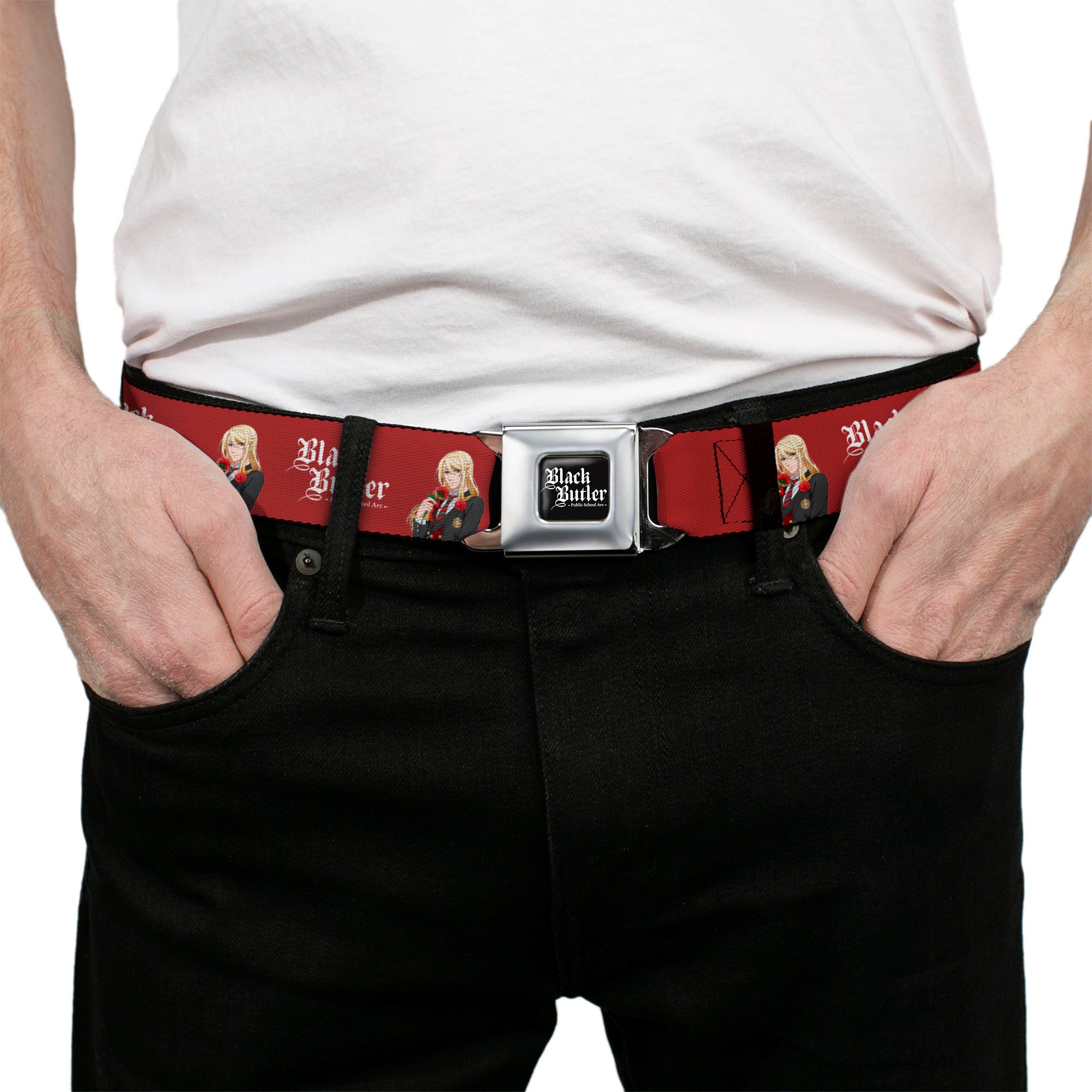 BLACK BUTLER PUBLIC SCHOOL ARC Title Logo Full Color Black/White Seatbelt Belt - BLACK BUTLER Edgar Redmond Pose and Title Logo Red Webbing Seatbelt Belts Black Butler
