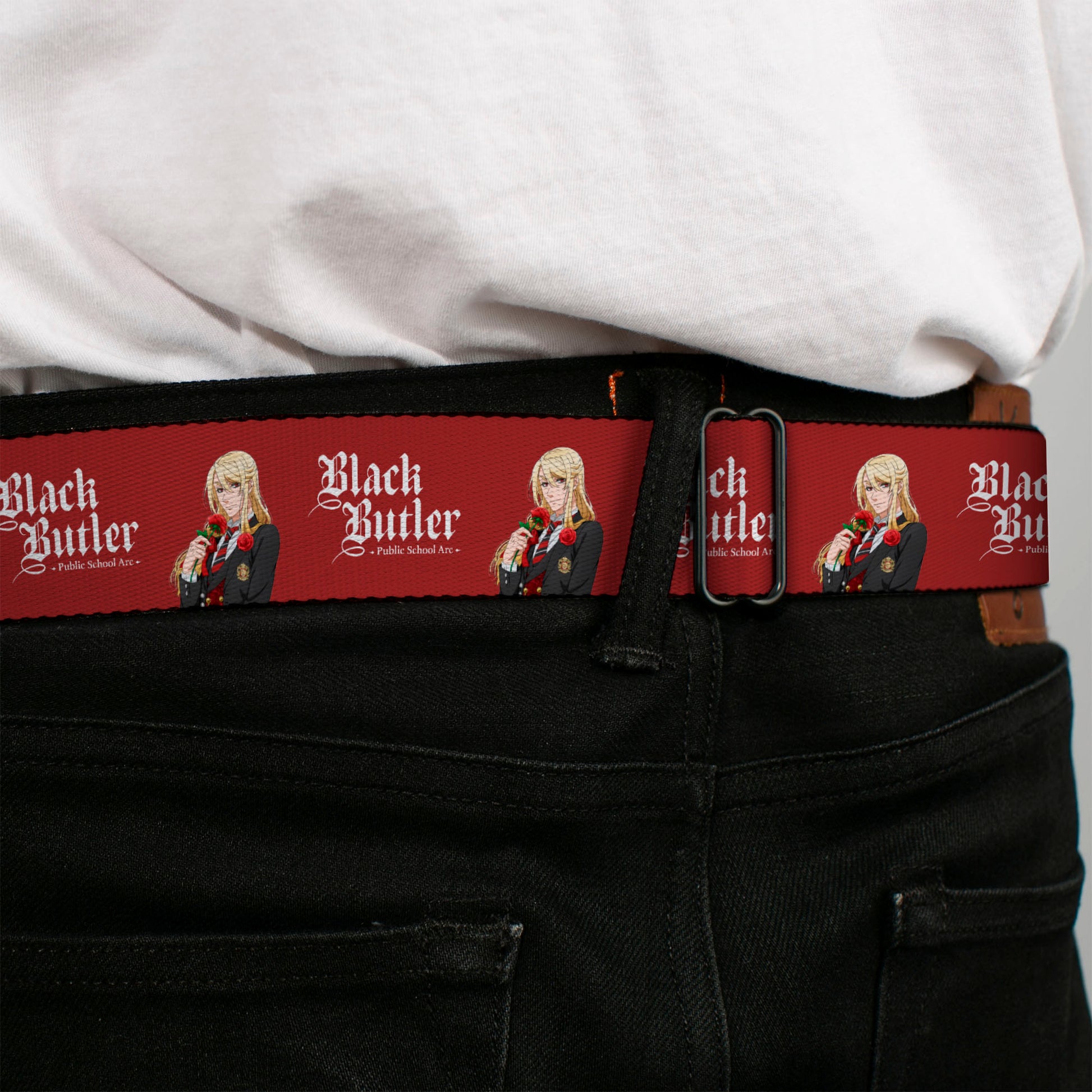 BLACK BUTLER PUBLIC SCHOOL ARC Title Logo Full Color Black/White Seatbelt Belt - BLACK BUTLER Edgar Redmond Pose and Title Logo Red Webbing Seatbelt Belts Black Butler