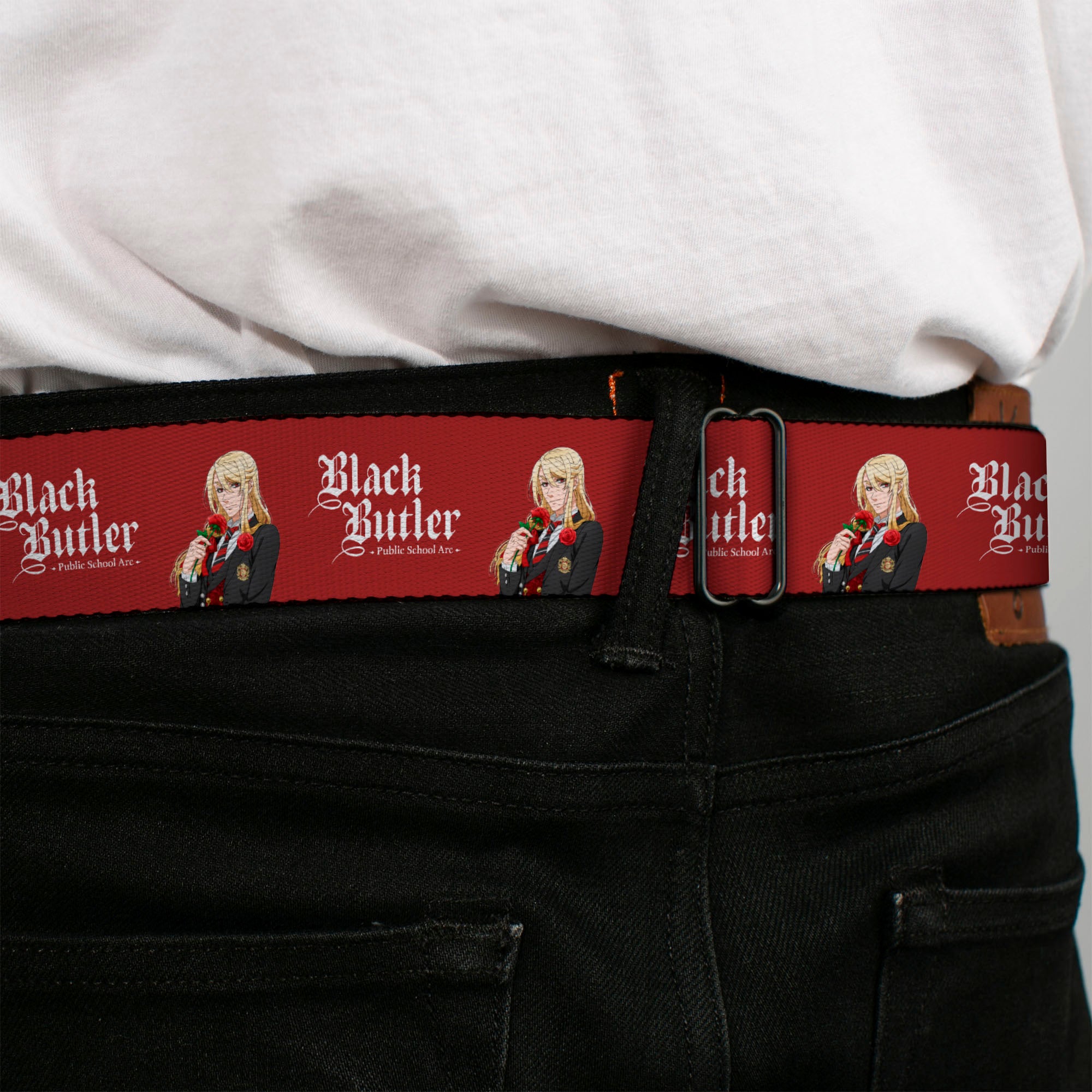 BLACK BUTLER PUBLIC SCHOOL ARC Title Logo Full Color Black/White Seatbelt Belt - BLACK BUTLER Edgar Redmond Pose and Title Logo Red Webbing Seatbelt Belts Black Butler